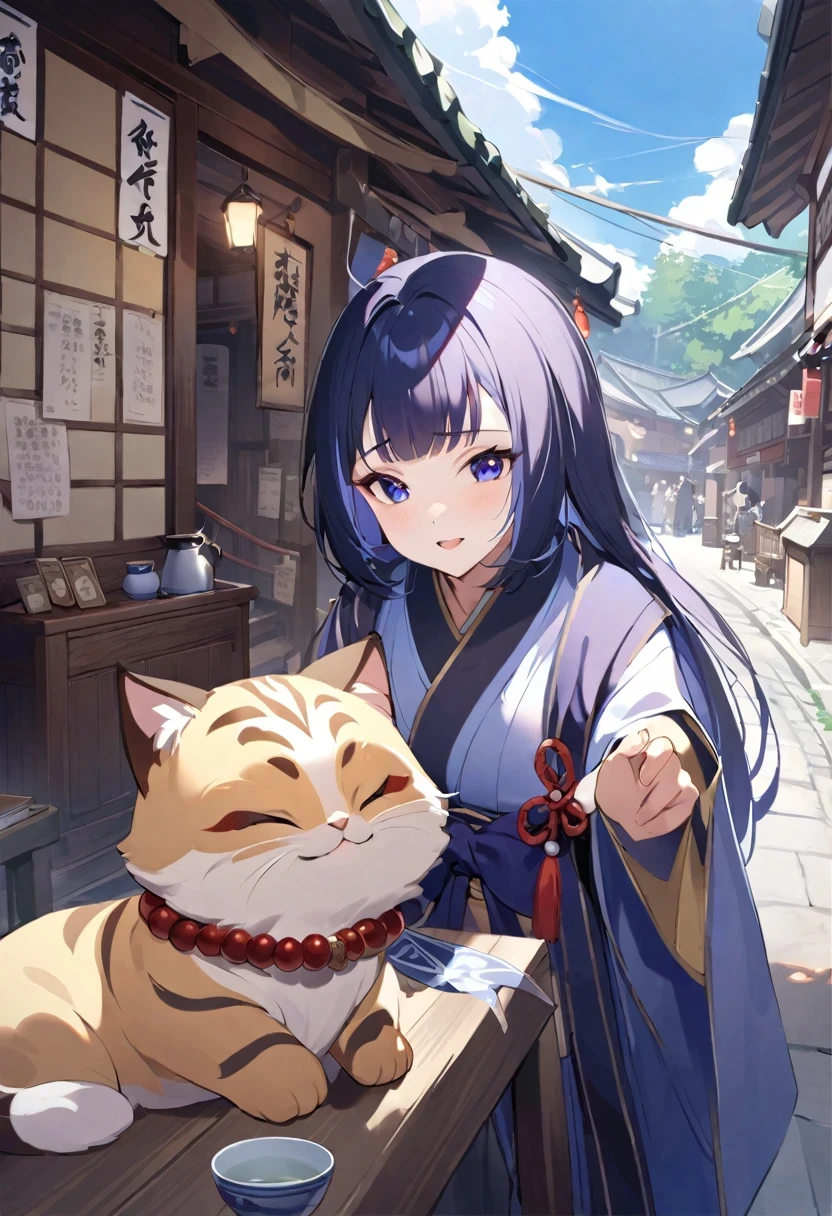 shy lily/(Twitch/), Under blue sky and white clouds，Teahouses line both sides of the ancient street,Tavern，pawnshop，workshop，There are also many small stalls in the open spaces on both sides of the street.，（woman wearing robe，There is a girl with a super delicate and delicate smile，Holding a fortune-telling flag in the right hand，Wearing a vine bracelet on the left hand，rosary beads，approximately 20 years old，4K high quality photos），（（Gray and black stripes，Tanuki）），4k quality