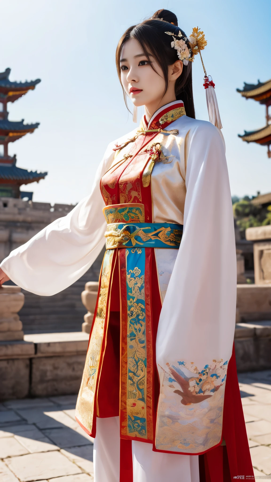 girl, ancient chinese costume, whole body, sunlight, clean face, clean white background, masterpiece, Super detailed, magnificent composition, ultra hd, high quality, very detailed, official art, uniform 8k wallpaper, Super detailed, 32k
