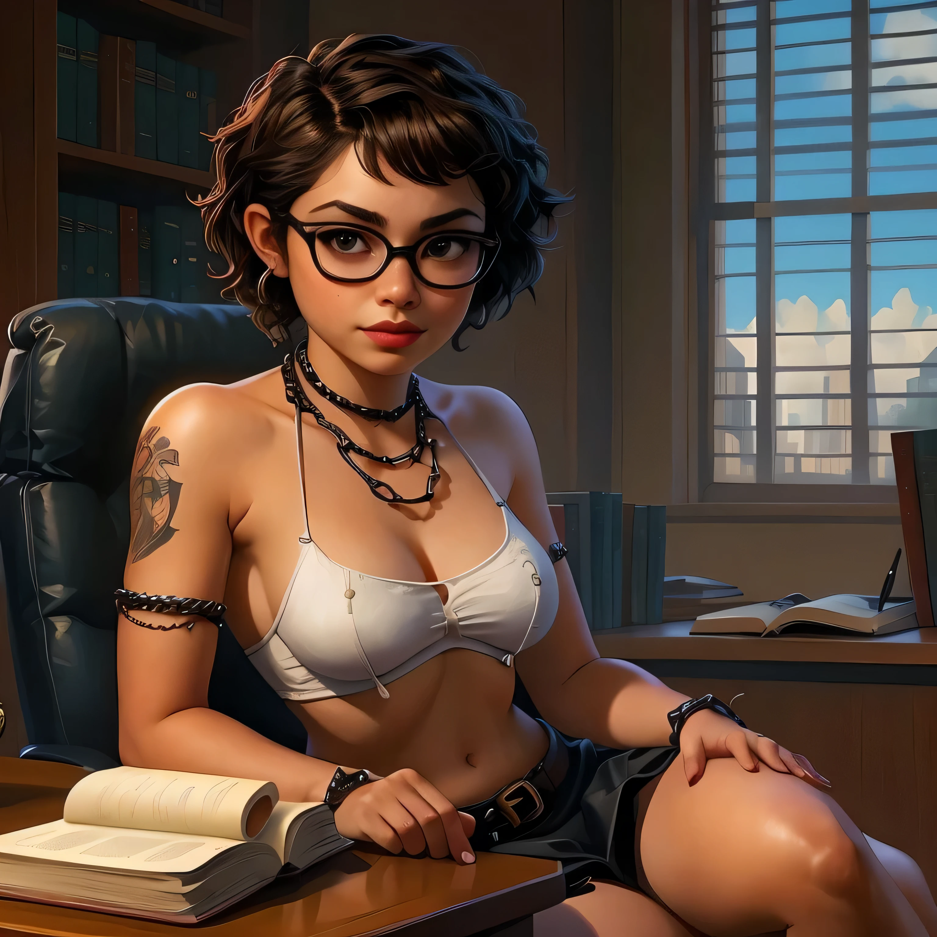 Da sitzt eine Frau mit einem Buch an einem Schreibtisch, Bibliothekar, Alena AenaMi und ArtgerM, Seductive anime girl, artgerm julie bell beeple, artwork in the style of guweiz, hyperrealistisch , realistisch , ein hyperrealistischer , nerdig, Sexy girls, extremely detailed Artgerm