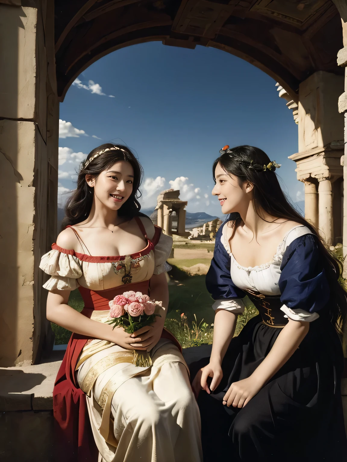 Giorgione painting style,Arguments of two female Philosophe,math、astronomical machine、astronaut、roses in vase、fruits、Cute trinkets、smile、ancient greek costume、Ancient Roman landscape in the style of Nicolas Poussin,laughter,,Sweet and seductive appearance.、Caravaggio's paintings、Chiaroscuro of Caravaggio、hair tousled by the wind,Two women frolicking,cute smile, expression of ecstasy,Sexy,erotic
