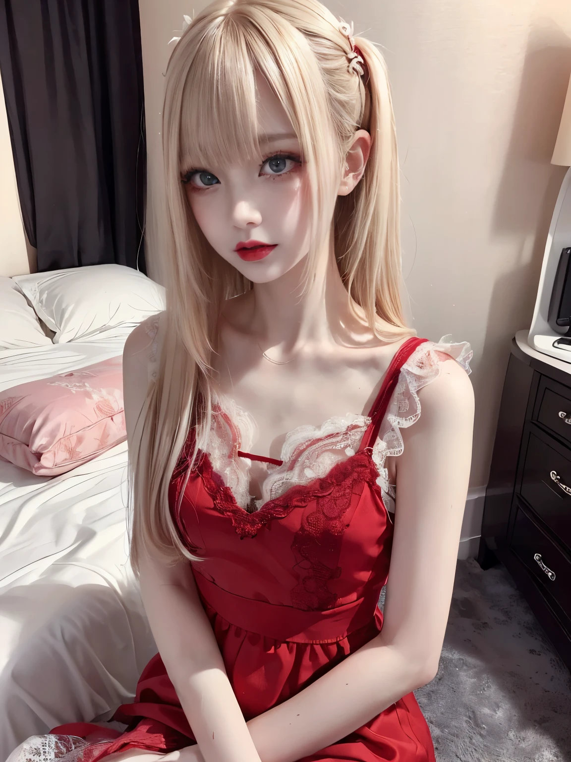 raw photo, 8k, (top-quality), Realistic, (real picture, Intricate details), (natural skin texture, detailed skin, hyper realism, sharpness), (Japanese teenage girl in a hotel, bedroom), ((red camisole dress, sleeveless, see-through, lace dress)), (pale skin:1.2), slender body, ((light blond hair:1.3, long hair, blunt bangs)), (melancholy face, expression of sadness, Parted lips:1.3, eye shadow, eyeliner, tear bag:1.2, red lip, undereye circle, crying, shed tears:1.2), look down, night time, full body shot