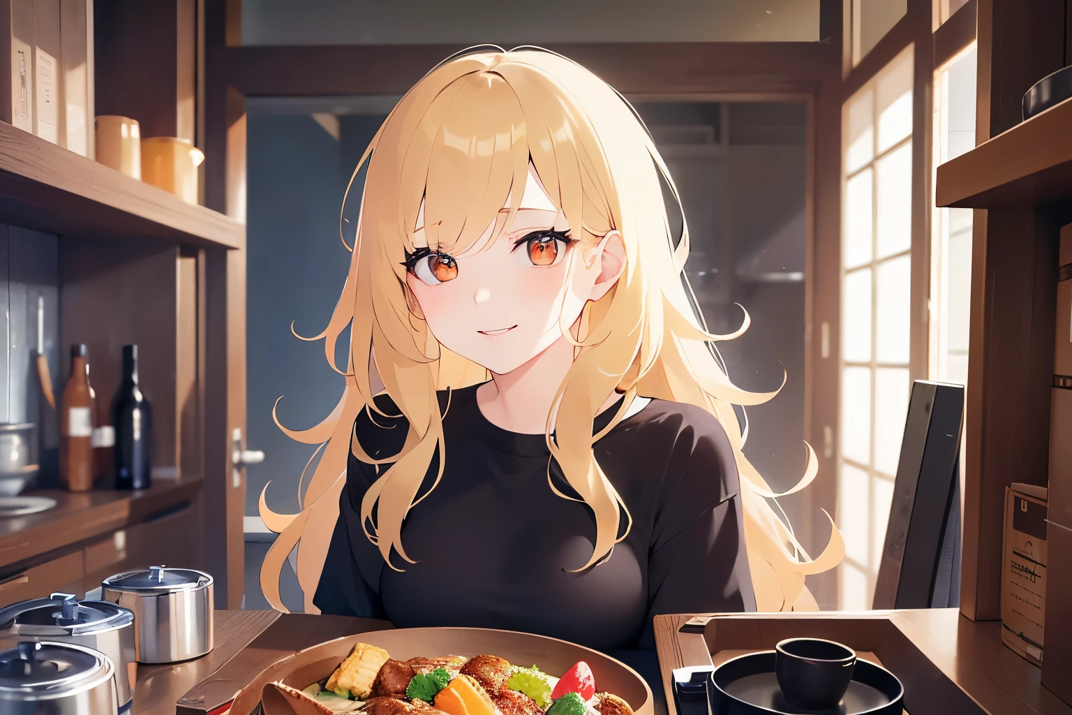 Upper Body, Realistic, real person, (pale skin: 1.2), RAW photo, photorealistic, portrait photography, shiny skin, japanese idol、shiny hair、(25 year old woman with medium hair with blonde bangs) and (wavy hair) and (orange eyes) , smile, wearing a black T-shirt、The background is the kitchen、Alone、Are standing、cooking