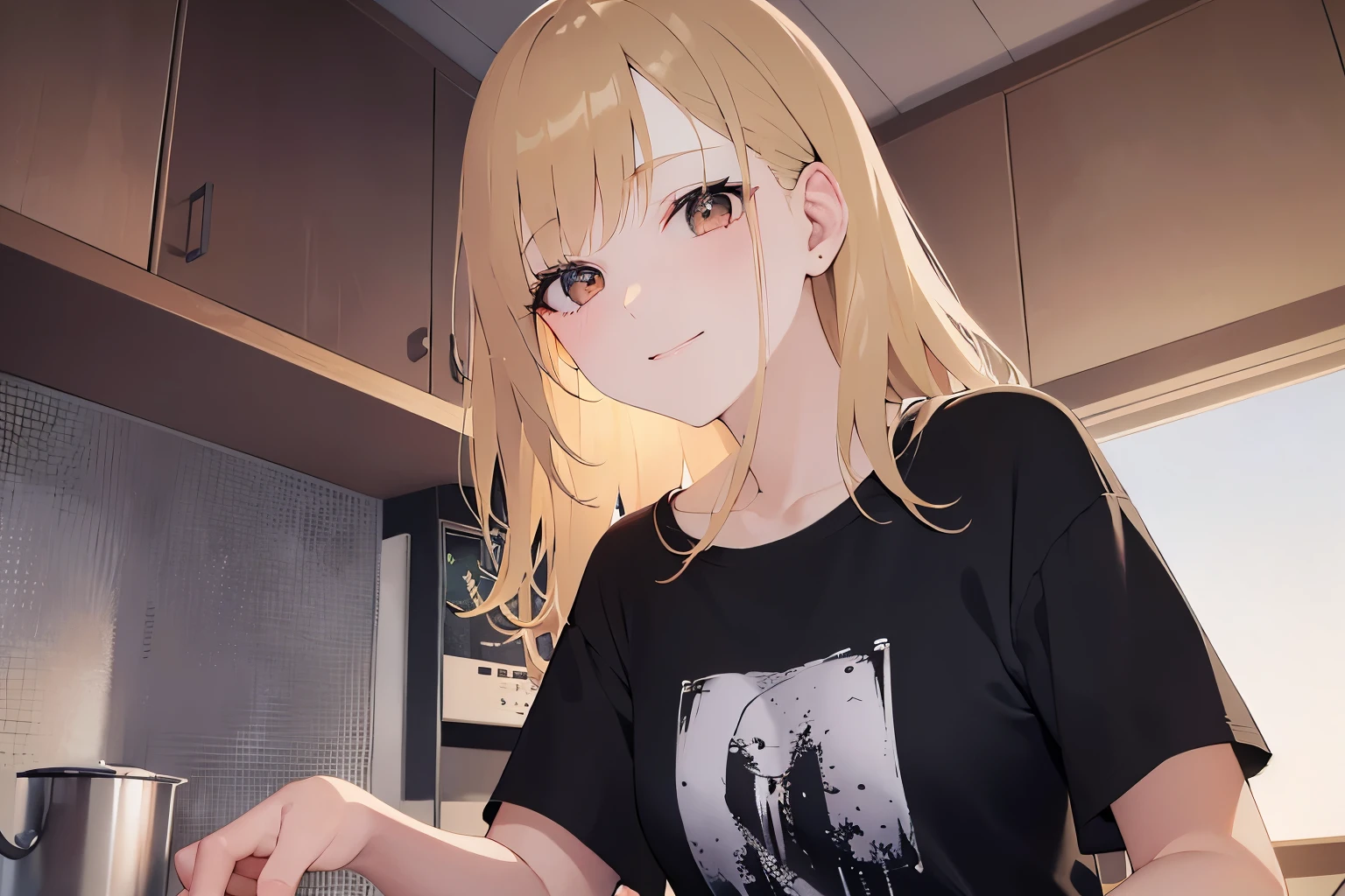Upper Body, Realistic, real person, (pale skin: 1.2), RAW photo, photorealistic, portrait photography, shiny skin, japanese idol、shiny hair、(25 year old woman with medium hair with blonde bangs) and (wavy hair) and (orange eyes) , smile, wearing a black T-shirt、The background is the kitchen、Alone、Are standing、cooking