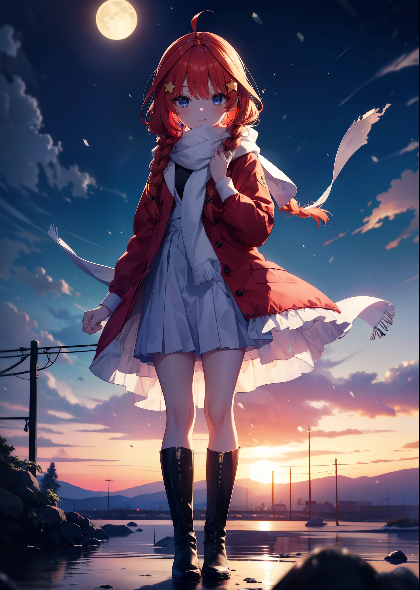 itsukinakano, itsuki nakano, bangs, blue eyes, hair between eyes, Ahoge, redhead, star \(symbol\)happy smile, smile, open your mouth,, hair ornaments, star hair ornaments,red coat,short braided hair,white scarf,white sweater,He wears fluffy gloves on both hands.,long skirt,black pantyhose,short boots,It&#39;s snowing,It&#39;s snowing,winter,cold sky,moonlight,full moon,よる
break outdoors, In town,building street,
break (masterpiece:1.2), highest quality, High resolution, unity 8k wallpaper, (figure:0.8), (detailed and beautiful eyes:1.6), highly detailed face, perfect lighting, Very detailed CG, (perfect hands, perfect anatomy),