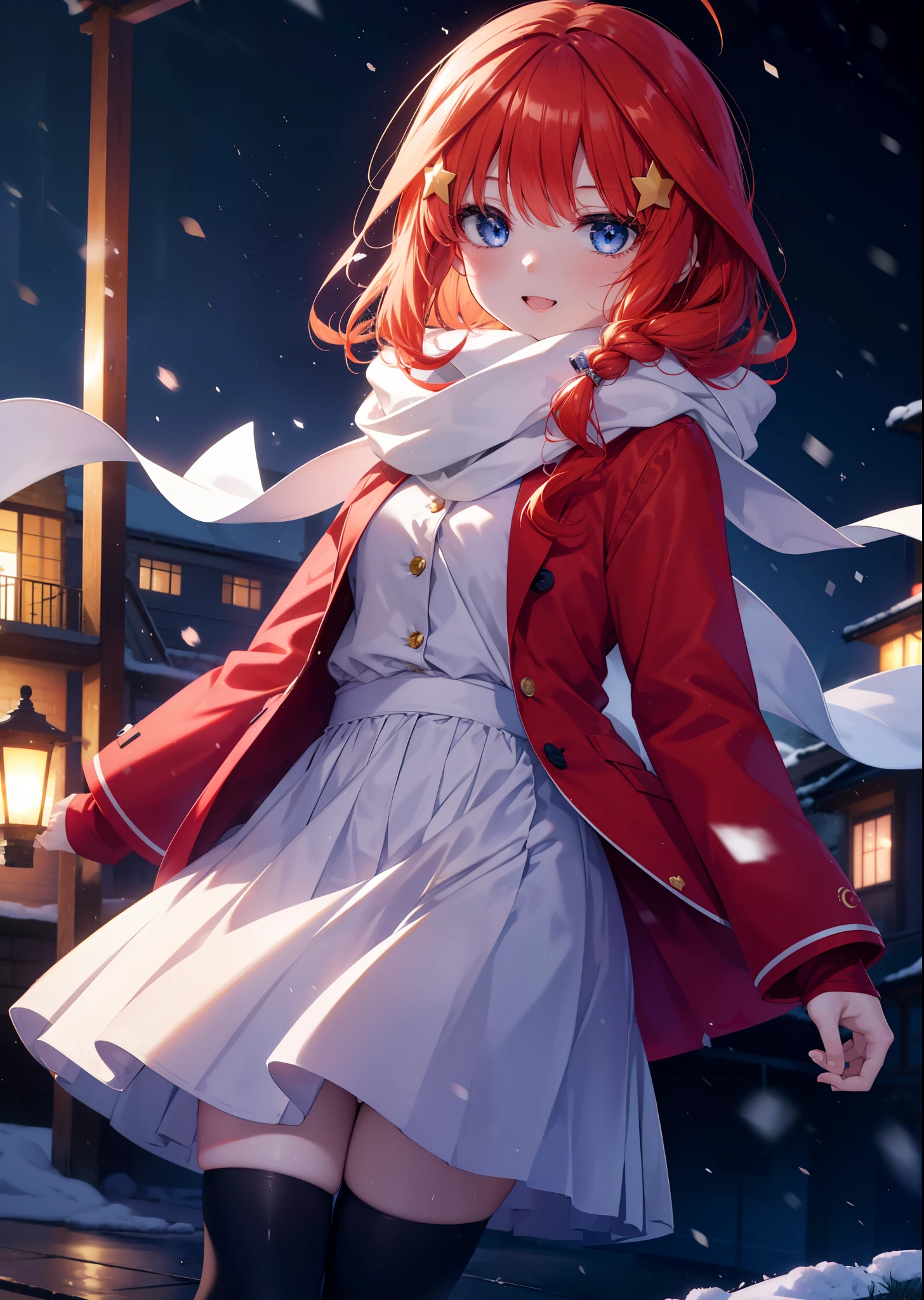 itsukinakano, itsuki nakano, bangs, blue eyes, hair between eyes, Ahoge, redhead, star \(symbol\)happy smile, smile, open your mouth,, hair ornaments, star hair ornaments,red coat,short braided hair,white scarf,white sweater,He wears fluffy gloves on both hands.,long skirt,black pantyhose,short boots,It's snowing,It's snowing,winter,cold sky,moonlight,full moon,よる
break outdoors, In town,building street,
break (masterpiece:1.2), highest quality, High resolution, unity 8k wallpaper, (figure:0.8), (detailed and beautiful eyes:1.6), highly detailed face, perfect lighting, Very detailed CG, (perfect hands, perfect anatomy),