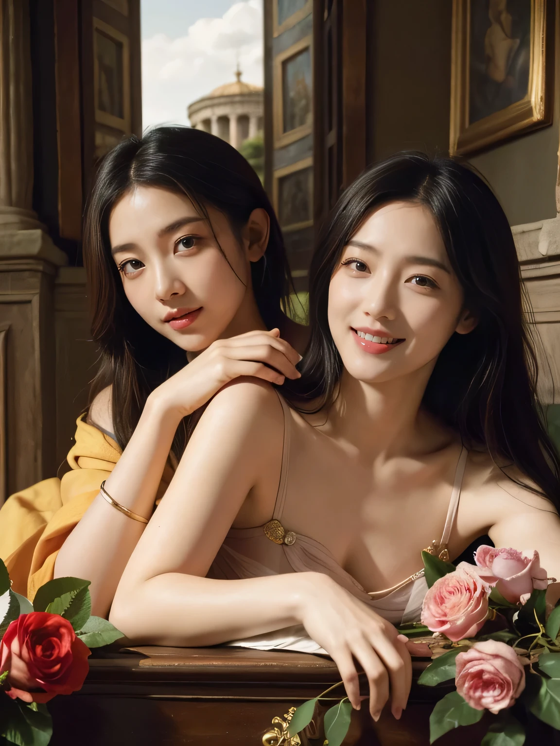 Giorgione painting style,Arguments of two female Philosophe,math、astronomical machine、astronaut、roses in vase、fruits、Cute trinkets、smile、ancient greek costume、Ancient Roman landscape in the style of Nicolas Poussin,laughter,,Sweet and seductive appearance.、Caravaggio's paintings、Chiaroscuro of Caravaggio、hair tousled by the wind,Two women frolicking,cute smile, expression of ecstasy,Sexy,erotic