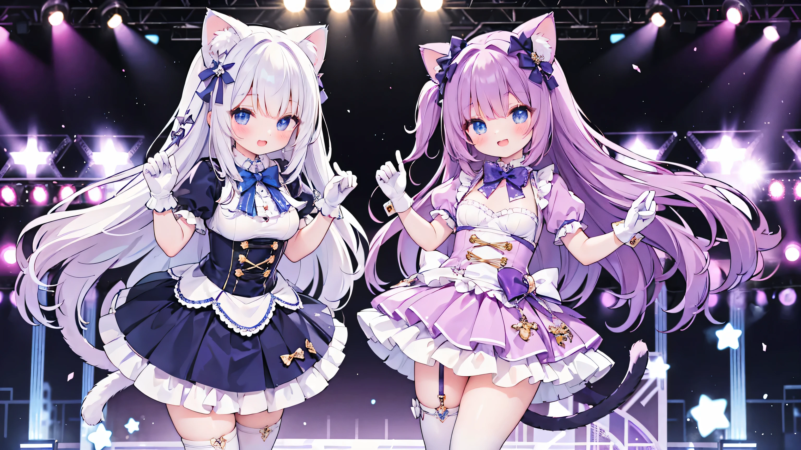 charming ,long hair,purple hair，close one eye，Smile，open mouth，piece mark，A charming look,charming gesture，Sing，big blue eyes,white lolita,pleated skirt,cat ears,cat tail,nice gloves,hair accessories,bowtie，leg rings,embellished white boots，whole body,stage，one person