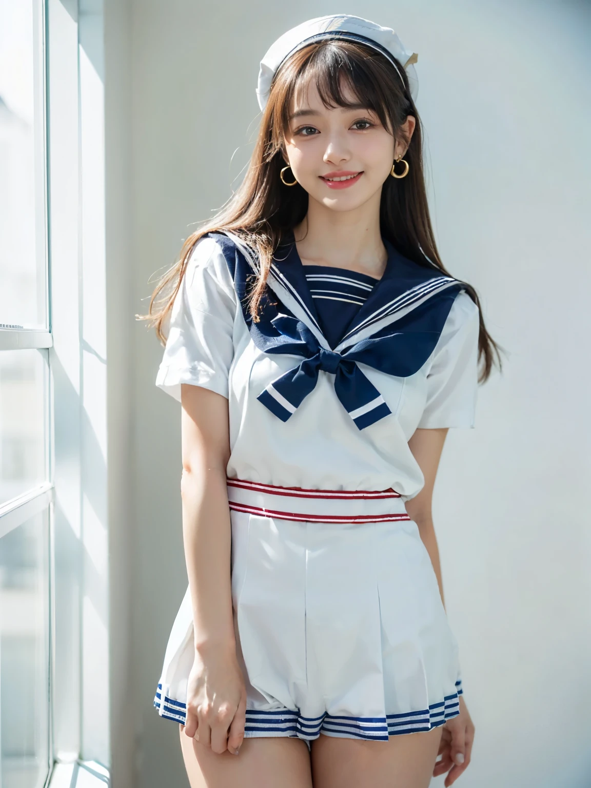 ((((highest quality))))、(((Ultra-precision CG16K wallpaper)))、(((masterpiece)))、(((Super detailed)))、(((super extreme details)))、1people's women、mature woman、24 year old woman、((Japanese face))、((very beautiful face))、((Rion Fukumuro:1.5))、((straight semi-long hair、blunt bangs))、(shiny brown hair)、beautiful delicate eyes、brown eyes、raised eyebrows、high nose、small nostrils、small mouth、seductive lips、beautiful breasts、((C cup size breasts))、cleavage、plump body、(Chubby body type)、perfect proportions、perfect anatomy、perfect composition、beautiful detailed shading、beautiful natural lighting、beautiful detail glow、Depth of the bounds written、(((High chroma)))、(((real:1.9)))、((vivid:1.5))、((edge:1.6))、((beautiful skin))、((skin texture))、((realな皮膚感))、(((cowboy shot、Thigh:1.5)))、((Angle seen from the front:1.5))、((shy smile:1.5))、(Eyes looking at me:1.5)、Bright daylight、Natural light、(((plain background:1.3)))、(standing pose:1.5)、(((high school girl uniform、Wearing white sailor suit:1.6)))、((earrings、Wearing a hair band:1.3))、