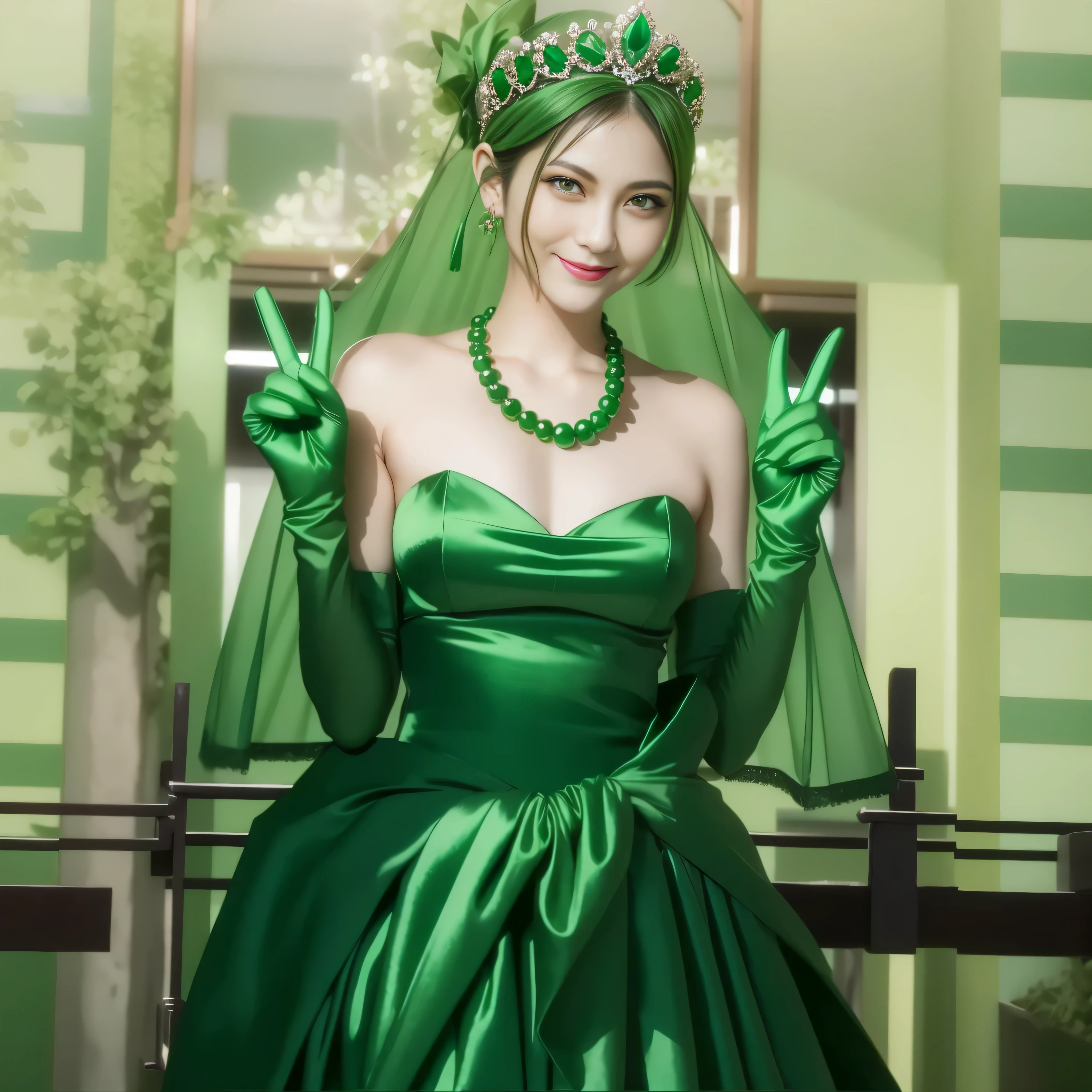 emerald tiara, green pearl necklace, Boyish green berry short hair, lipstick, Smiling Japan woman, very short hair, big breasts beautiful, green eyes, Green long gloves made of satin material, green eyes, V sign, emerald earrings, 30 generation women