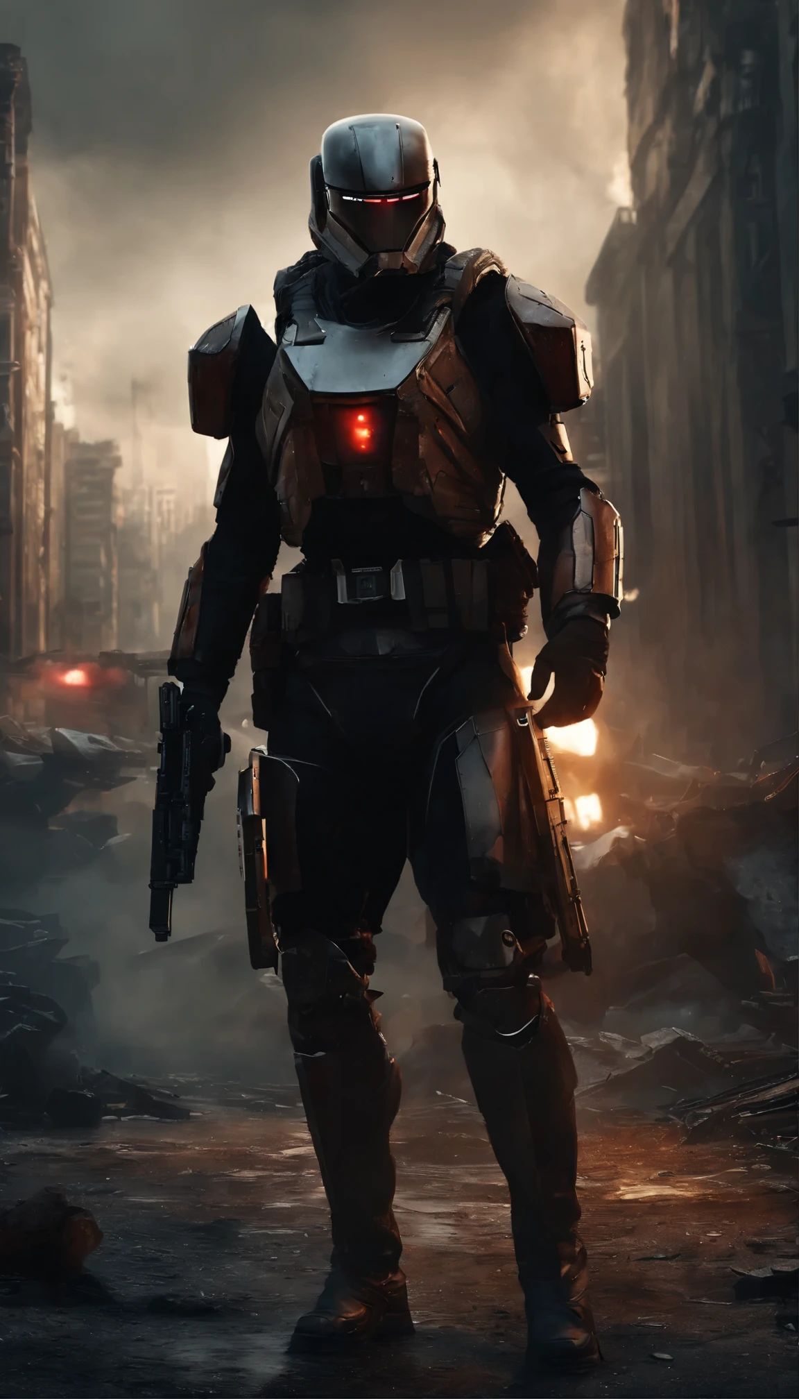 (best quality,4k,8k,highres,masterpiece:1.2),ultra-detailed,(realistic,photorealistic,photo-realistic:1.37),Droid assassin,metallic textures,glowing red eyes,sharp robotic features,mysterious background,gunslinger stance,sci-fi concept art,gritty color palette,dramatic lighting,smoke and sparks,mechanical precision,machine intelligence,silent and deadly,secluded futuristic cityscape,hovering platform,endless skyscrapers,advanced weaponry,technological marvels,dangerous assassin droids,lethal precision,stealthy movements,grim atmosphere,cyberpunk aesthetic,urban decay,neon signs,blade or laser weapons,city in chaos,tension and suspense,moment before action,high-tech gadgets,explosions in the distance,cybernetic enhancements,menacing presence,post-apocalyptic environment,futuristic technology,worn out streets,dystopian future,imposing figure with a cloak,deadly intelligence.