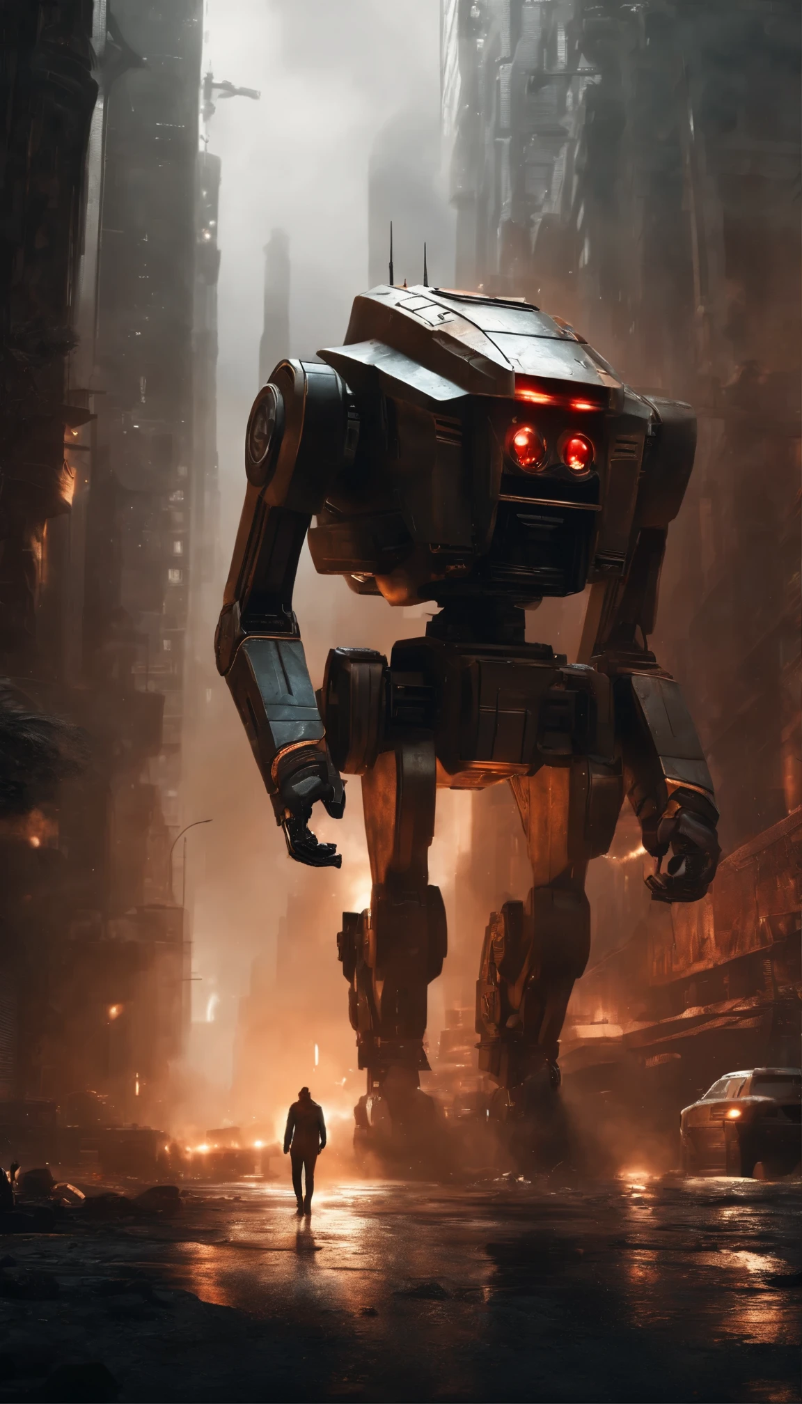 (best quality,4k,8k,highres,masterpiece:1.2),ultra-detailed,(realistic,photorealistic,photo-realistic:1.37),Droid assassin,metallic textures,glowing red eyes,sharp robotic features,mysterious background,gunslinger stance,sci-fi concept art,gritty color palette,dramatic lighting,smoke and sparks,mechanical precision,machine intelligence,silent and deadly,secluded futuristic cityscape,hovering platform,endless skyscrapers,advanced weaponry,technological marvels,dangerous assassin droids,lethal precision,stealthy movements,grim atmosphere,cyberpunk aesthetic,urban decay,neon signs,blade or laser weapons,city in chaos,tension and suspense,moment before action,high-tech gadgets,explosions in the distance,cybernetic enhancements,menacing presence,post-apocalyptic environment,futuristic technology,worn out streets,dystopian future,imposing figure with a cloak,deadly intelligence.