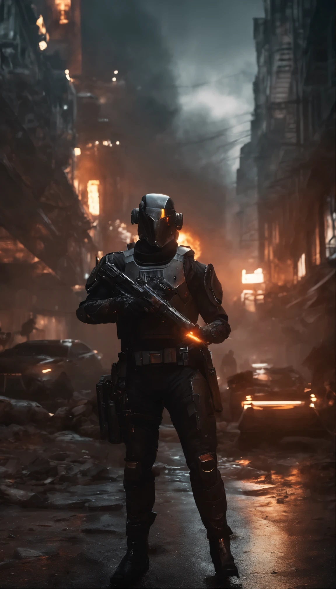 (best quality,4k,8k,highres,masterpiece:1.2),ultra-detailed,(realistic,photorealistic,photo-realistic:1.37),Droid assassin,metallic textures,glowing red eyes,sharp robotic features,mysterious background,gunslinger stance,sci-fi concept art,gritty color palette,dramatic lighting,smoke and sparks,mechanical precision,machine intelligence,silent and deadly,secluded futuristic cityscape,hovering platform,endless skyscrapers,advanced weaponry,technological marvels,dangerous assassin droids,lethal precision,stealthy movements,grim atmosphere,cyberpunk aesthetic,urban decay,neon signs,blade or laser weapons,city in chaos,tension and suspense,moment before action,high-tech gadgets,explosions in the distance,cybernetic enhancements,menacing presence,post-apocalyptic environment,futuristic technology,worn out streets,dystopian future,imposing figure with a cloak,deadly intelligence.