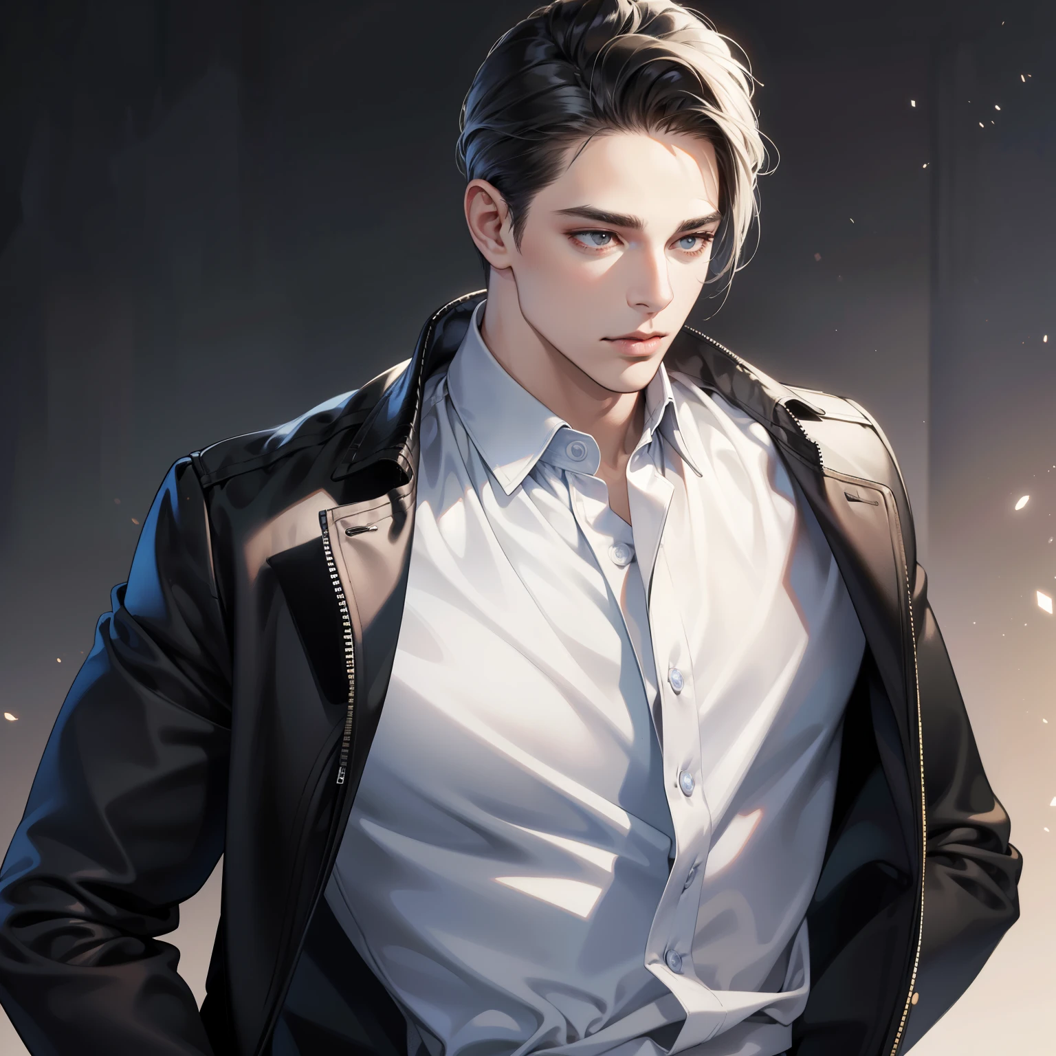 Masterpiece, high quality, best quality, 3D HD, realistic, perfect lighting, detailed body, 1 man, black Slicked Back hairstyle, set background.