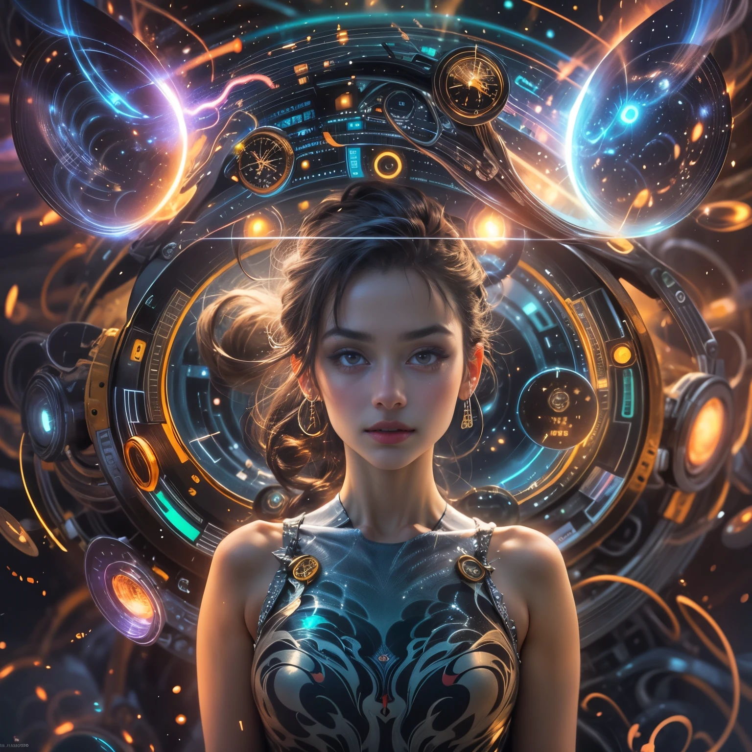 (highest quality,4k,8K,High resolution,masterpiece:1.2),Super detailed,(realistic,photorealistic,photo-realistic:1.37),Equipped with time travel device, time leap, beautiful girl, A stunning depiction of time and space, retro futuristic costumes, mysterious atmosphere, glowing device, fantastic background, subtle shine, mysterious beauty, sparkling eyes, Breathtaking moments, graceful movements, captivating gaze, blurry surroundings, bending time, shimmering colors, vivid colors, epic adventure, unforgettable journey, infinite possibilities, The Marvel of Technology, invisible dimensions, uncover the secret, exhilarating leap, frozen moment, Unfathomable future, dynamic composition, untold story, reveal the mystery, time capsule, solve the past, Crossing boundaries, Unlimited imagination, revealing the truth, Unleash your power, unpredictable development, time continuum. Beautiful eyes with fine symmetry, (Ultra detailed iridescent eyes:1.1), (High resolution eyes:1.1),