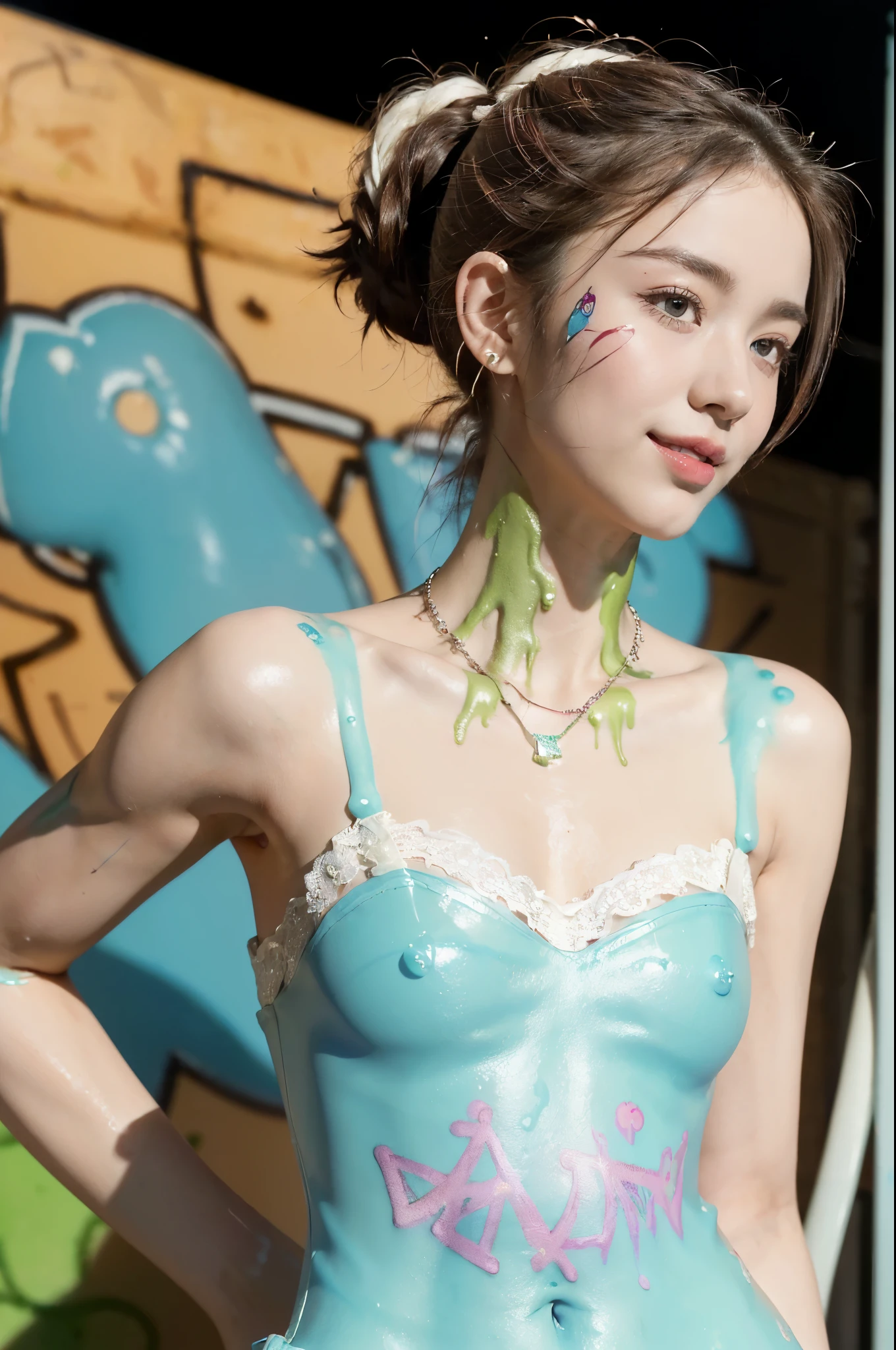 ((((8k))),((Extremely meticulous CG)) ,(wallpaper),16k,((Extremely refined and beautiful)),(((Masterpiece))),(((best qualtiy))),(((Ultra High Resolution))),beautiful light up,Perfect lightning,realistic shaded,((high resolution)),(Smooth and flawless skin:1.5),(Extremely exquisite facial details:1.2),(perfect body:1.2),(ultra-detailed),((A beautiful girl,solo)),(small head:1.2),(pale skin:1.3),(headphone:1.2),(short ponytail:1.2),(colorful hair:1.3),(small face:1.2),(baby face:1.3),(aqua eyes:1.3),(Exquisite makeup:1.2),(blush:1.3),(necklace:1.2),(small breasts:1.2),(flat chests:1.2),((slim,thin)),(laughing:1.2),(happy:1.2),(lace dress:1.5),(sneakers:1.2),(night scene:1.3),(early spring:1.3),(detailed background:1.5),(standing:1.3),(upper body:1.3),(from front:1.3), (graffiti:1.5),(paint splash:1.2),(arms behind back:1.3),(against the graffiti wall:1.2),looking at the viewer,((armbands,thigh straps)),(body paint:1.2),((cream,slime))