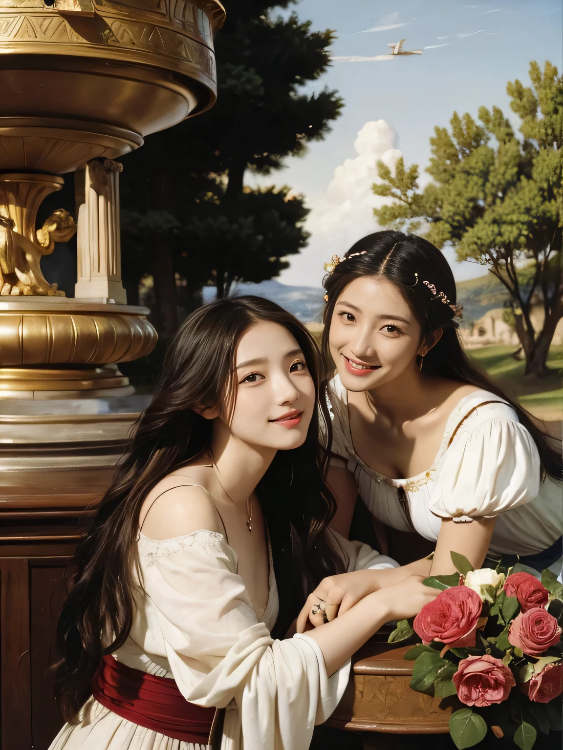 Giorgione painting style,Arguments of two female Philosophe,math、astronomical machine、astronaut、roses in vase、fruits、Cute trinkets、smile、ancient greek costume、Ancient Roman landscape in the style of Nicolas Poussin,laughter,,Sweet and seductive appearance.、Caravaggio's paintings、Chiaroscuro of Caravaggio、hair tousled by the wind,Two women frolicking,cute smile, expression of ecstasy,Sexy,erotic