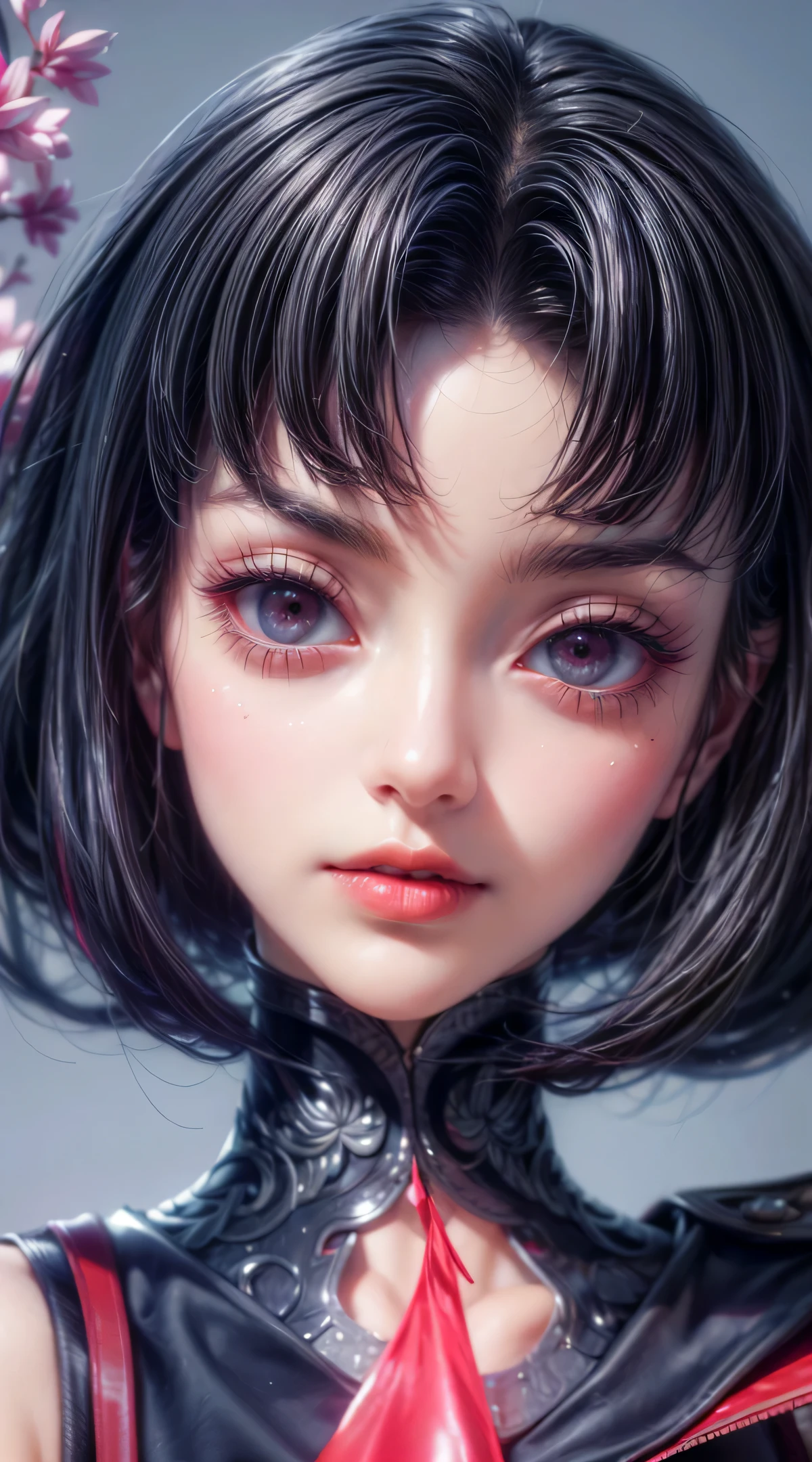 (Masterpiece:1.2, photorealistic:1.37), Eyes with beautiful details, Lips with beautiful details, Very detailed face and eyes, has long eyelashes, Red leather high collar, exposed shoulder, High-end CGI effects, Realistic high-resolution photorealistic, Sharp focus, Professional camera work, Glow light effect.