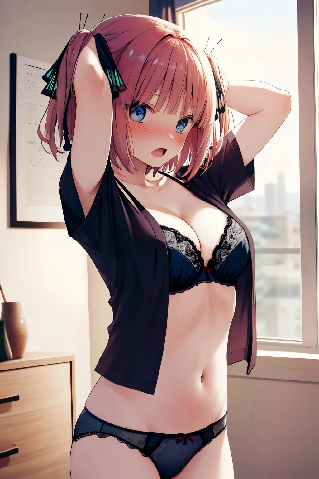 masterpiece, best quality, highres, nn1, 1girl, hair ribbon, short hair, t-shirt, nose blush, open mouth, lift up, undressing, lingerie, bra, cleavage, navel, panties, indoors, room, cowboy shot, standing, HD