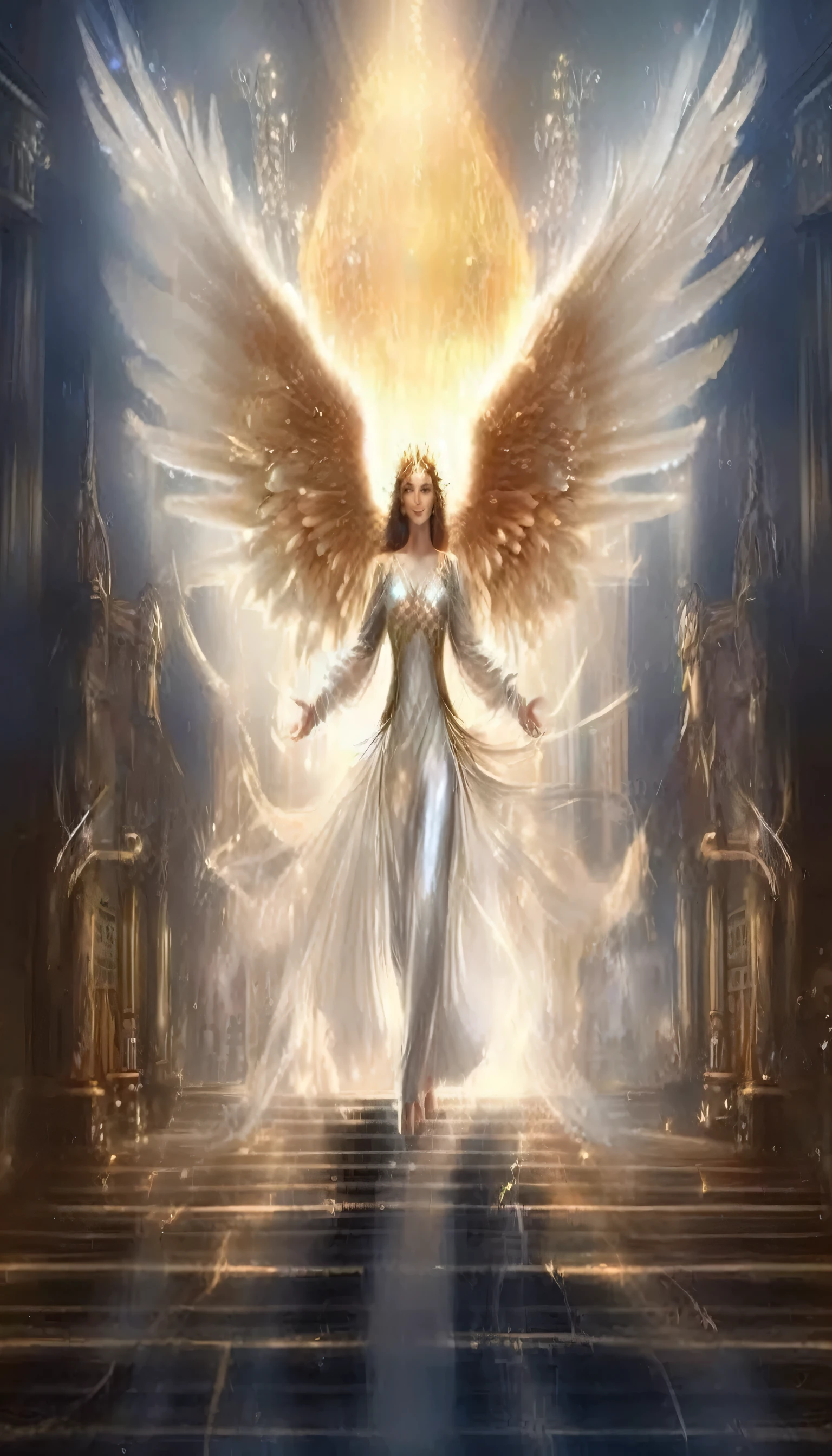 um anjo parado em uma escada em um quarto escuro, um anjo da luz do amanhecer, ethereal angelic being of light, anjo guia espiritual, glowing angelic being, angelic light, of lindo anjo, lindo anjo, angelical, angelic, anjo majestoso de corpo inteiro, arcanjo, lindo anjo feminino, cheio de pinturas de anjos, anjo protegendo mulher, anjo super largo