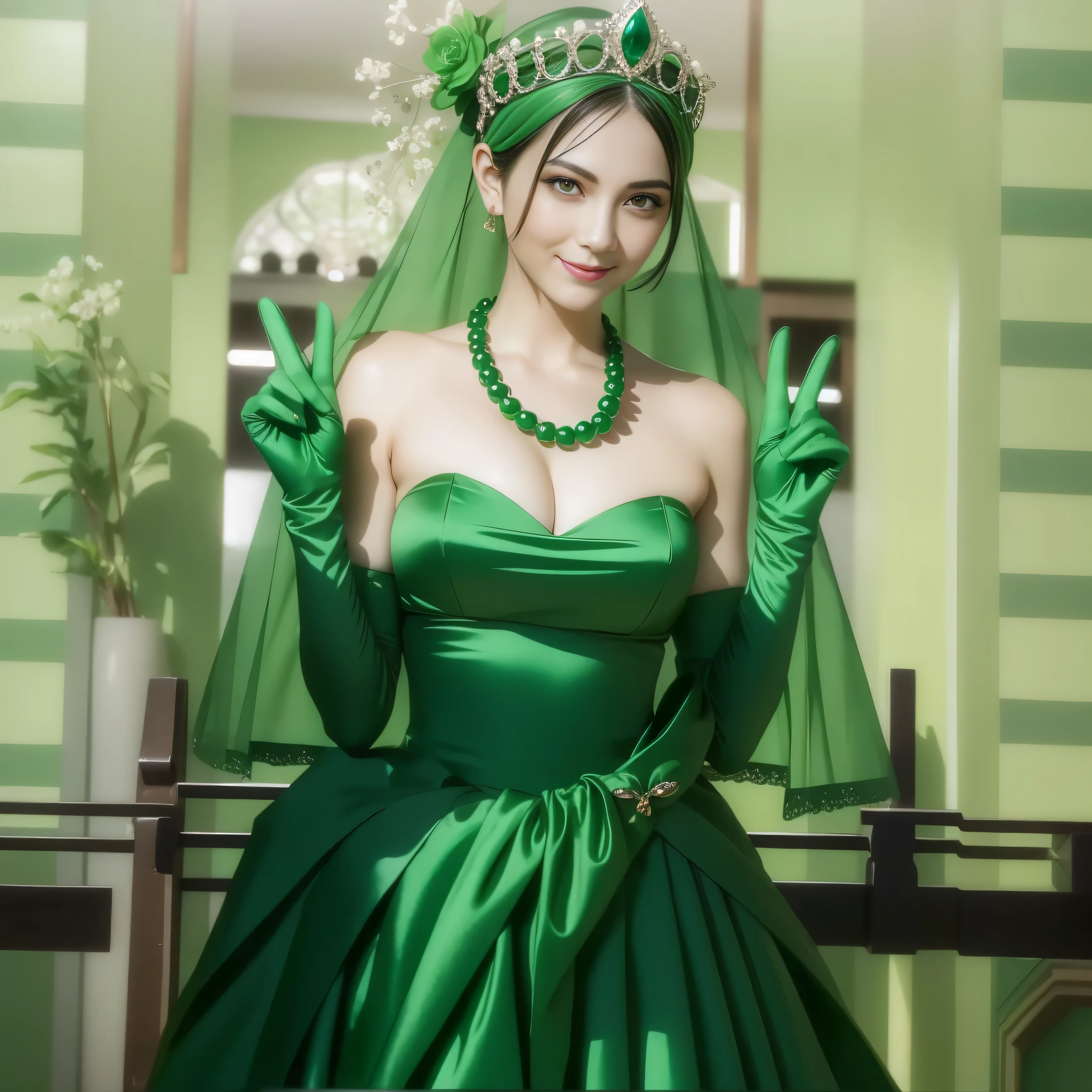 emerald tiara, green pearl necklace, Boyish green berry short hair, lipstick, Smiling Japan woman, very short hair, big breasts beautiful, green eyes, Green long gloves made of satin material, green eyes, V sign, emerald earrings, 30 generation women