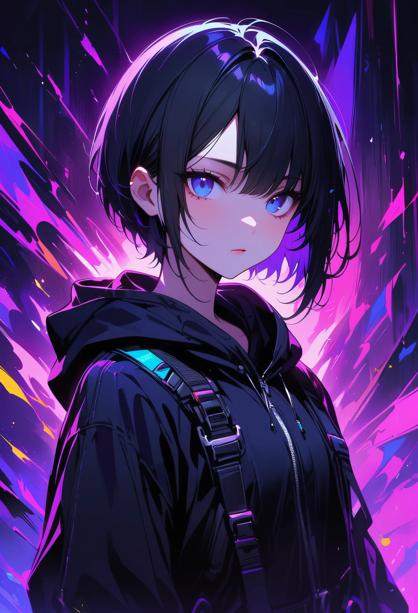 blacklight,(masterpiece), ((Best image quality)), 8K, high detail, Super details, 1 person ((androgynous)), pale skin, very short hair, (Pixie cut), Asymmetric bangs, ((soft violet)), (blue eyes), Black beanie, (Black long sleeve cropped hoodie) Under the white vest and suspenders, Clothing style is futuristic ((futuristic style background))