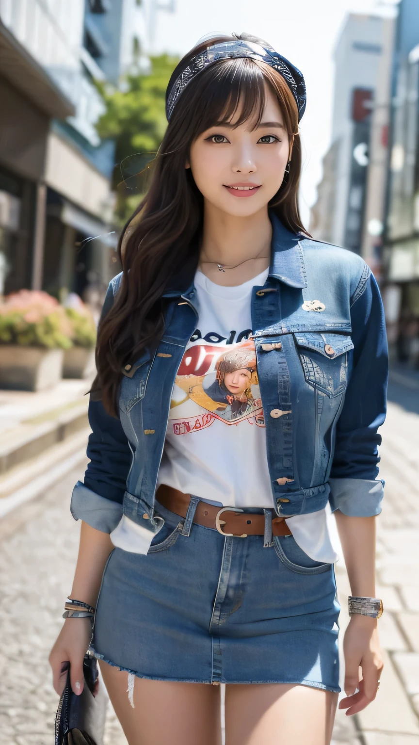 (realistic, photo-realistic:1.4), (extremely detailed 8k wallpaper), bokeh, detailed beautiful eyes and skin, (Image from thighs to head:1.3), (Japanese idol:1.3), 25yo, beautiful woman, smile, (large breast:1.2), full body,
Denim skirt with embroidered hem, vintage graphic tee, ankle cowboy boots, fringe leather jacket, bandana necktie, silver bangle,