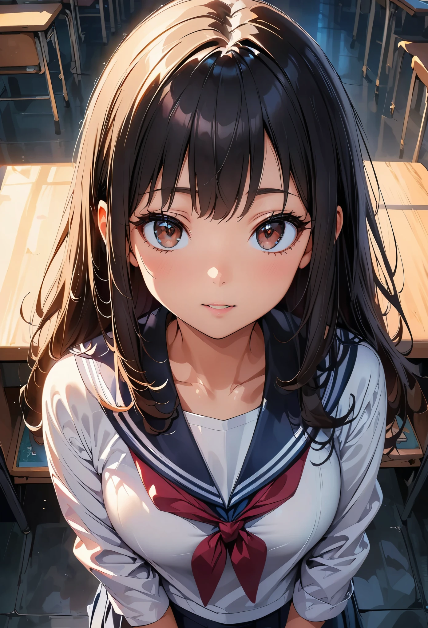 concept:美しいwomanの肖像画。 quality:(最高quality, 4k, High resolution, masterpiece:1.2), Super detailed, (anime style, photorealistic:1.37), lighting effects:strong contrast, Bright colors and mesmerizing effects, Soft and delicate lighting, gentle shine, Subject information:alone, ((woman)), (round eyes), (small face), (high detail skin:1.2), long eyelashes, glossy lips, (blonde, twin tails, green eyes), (slim body shape), Highly detailed face and skin texture, (Joyful), (sailor suit), droopy eyes, look up, upper glance, seductive thighs, Other details:((Photographed from above)), school classroom:1.5, beautiful skin, shiny skin, perfect fingers, five fingers, anatomically correct, background bokeh, ultra wide angle lens, 22㎜, f/1.2, photo shoot,