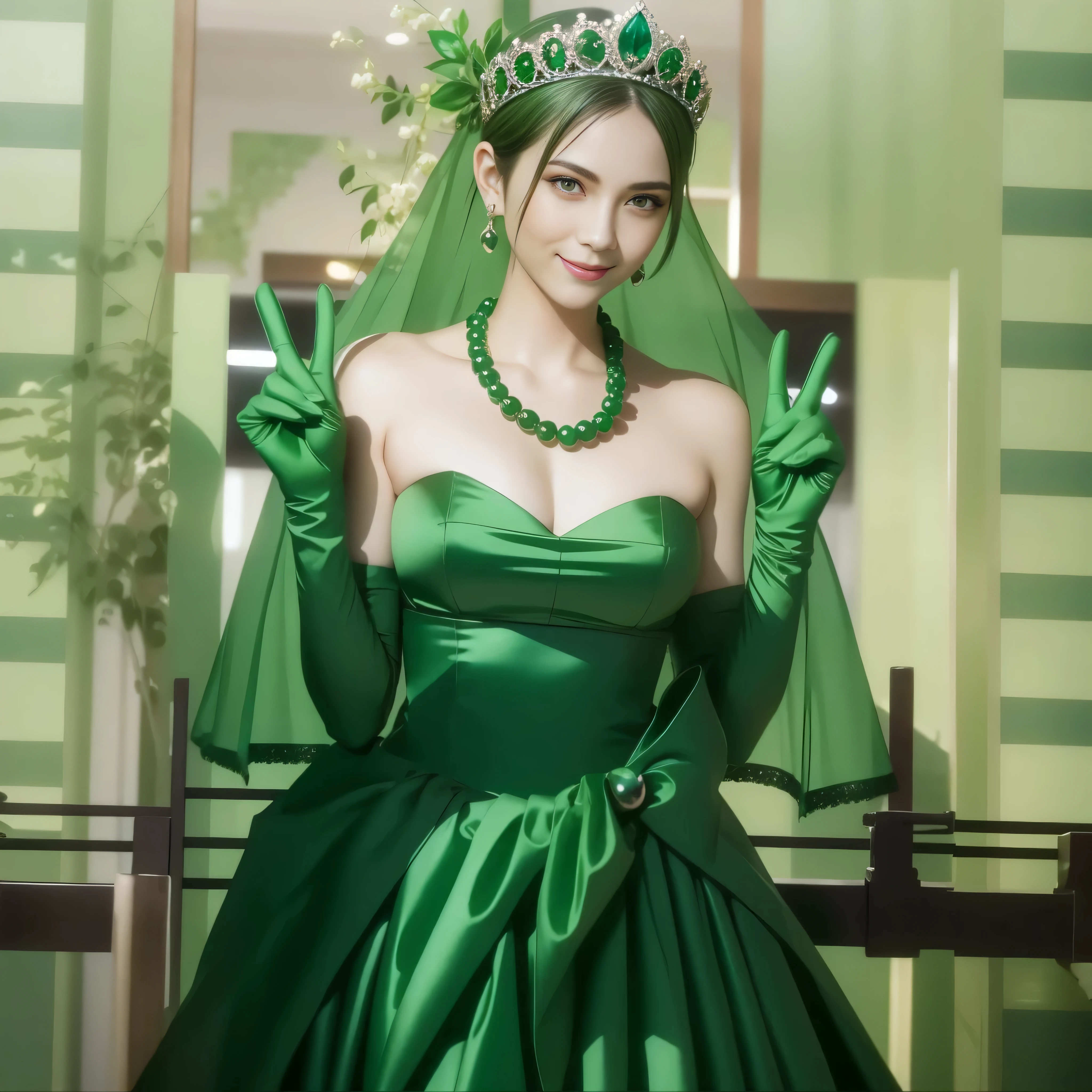 emerald tiara, green pearl necklace, Boyish green berry short hair, lipstick, Smiling Japan woman, very short hair, big breasts beautiful, green eyes, Green long gloves made of satin material, green eyes, V sign, emerald earrings, 30 generation women