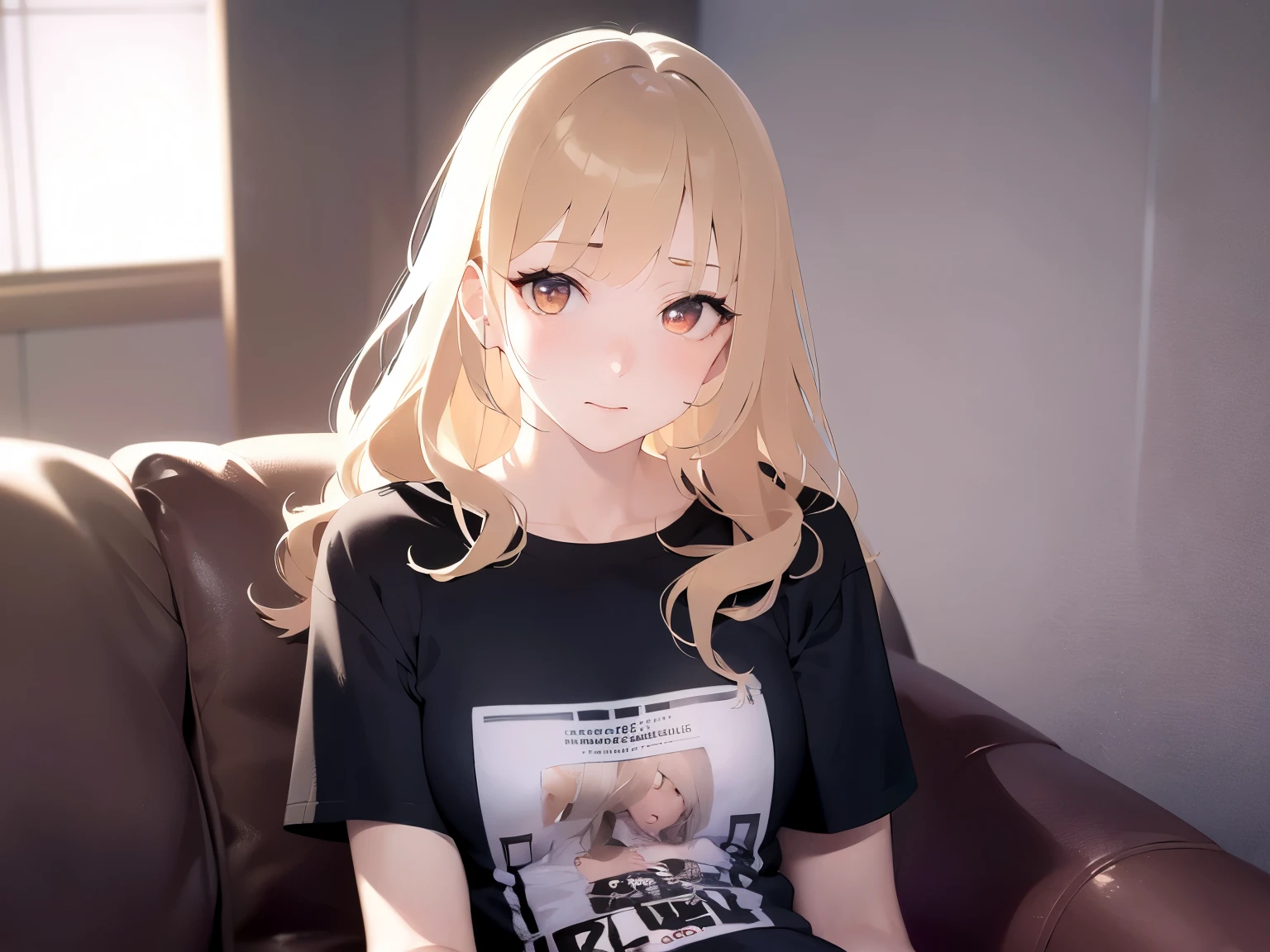 Upper Body, Realistic, real person, (pale skin: 1.2), RAW photo, photorealistic, portrait photography, shiny skin, japanese idol、shiny hair、(25 year old woman with medium hair with blonde bangs) and (wavy hair) and (orange eyes) , (embarrassed:1.3), wearing a black T-shirt、The background is the living room、Alone、sitting