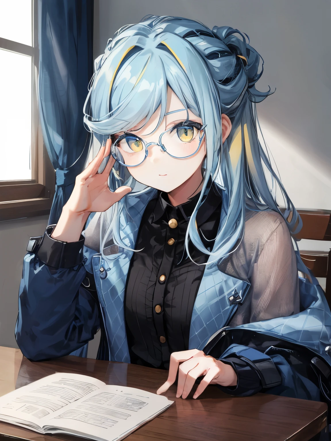 highest quality、table top、Super detailed、perfect face、very detailed、very delicate、1 girl, (cute), light blue hair、half up、place々blue mesh、blue and yellow gradient eyes、noble clothes、black coat、gray collared shirt、black pants、cool構図、cool pose、handsome girl、cool微笑み、Thick coating、cool、(black rim glasses:1.0)、cool、