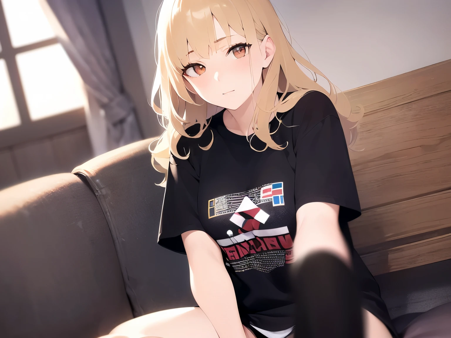 Upper Body, Realistic, real person, (pale skin: 1.2), RAW photo, photorealistic, portrait photography, shiny skin, japanese idol、shiny hair、(25 year old woman with medium hair with blonde bangs) and (wavy hair) and (orange eyes) , (embarrassed:1.3), wearing a black T-shirt、The background is the living room、Alone、sitting