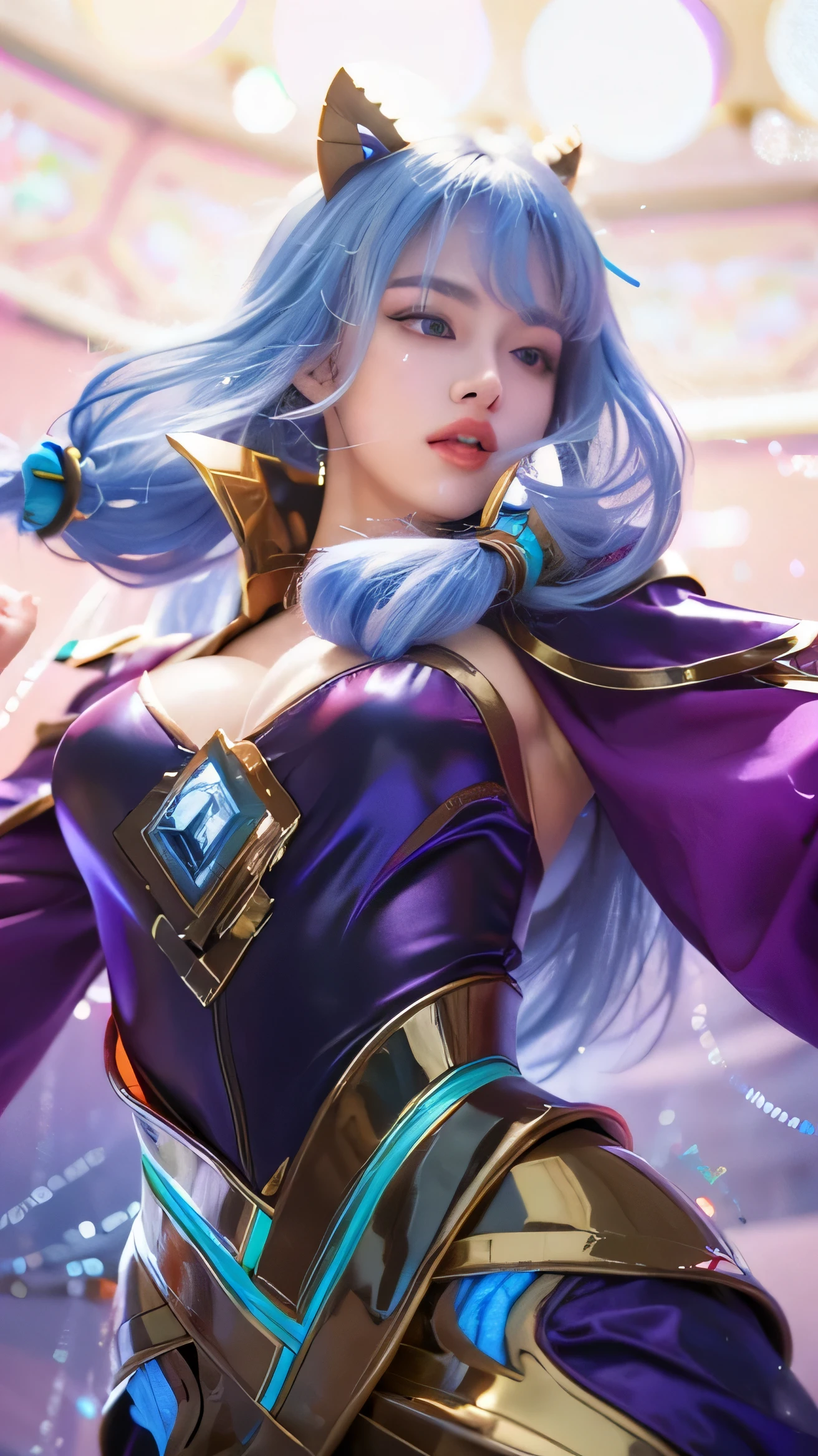 (8k, RAW photo, photorealistic:1.25) ,( lipgloss, eyelashes, gloss-face, glossy skin, best quality, ultra highres, depth of field, chromatic aberration, caustics, Broad lighting, natural shading,Kpop idol) looking at viewer with a serene and goddess-like happiness, detail dress, very high detail dress, realistic body, slim body, cleavage breast, thick dress, breast ball, nipple pop out