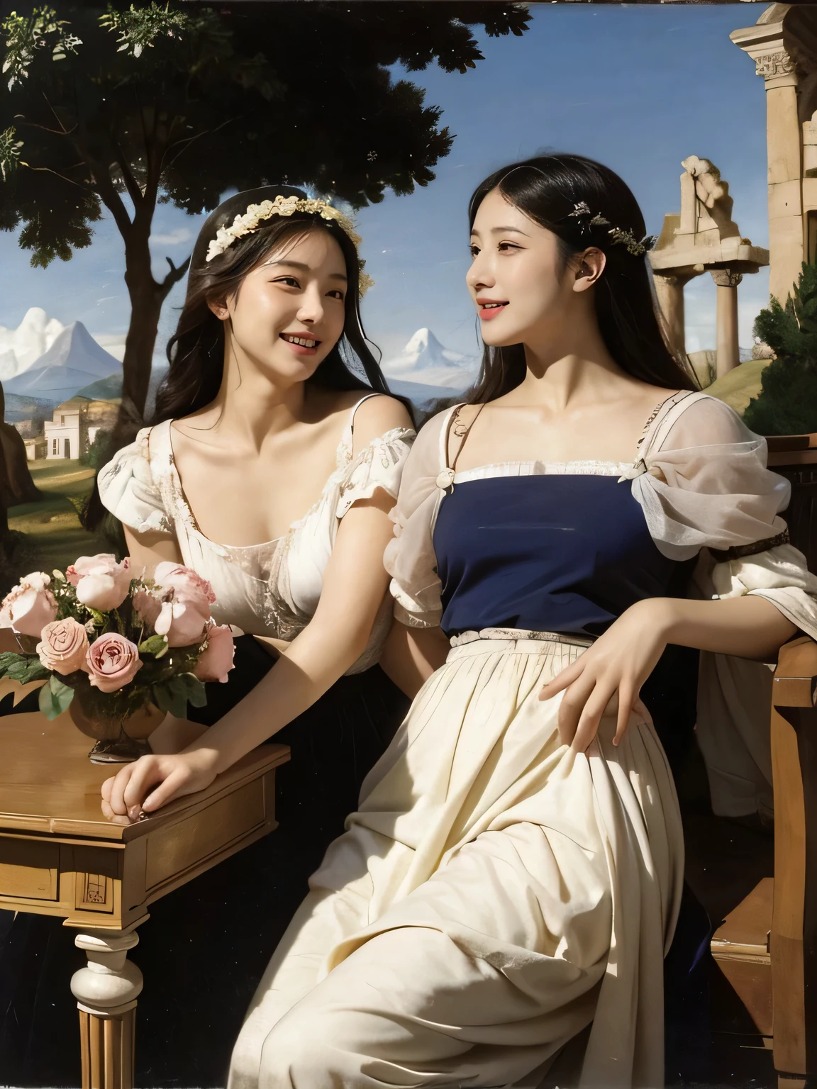 Giorgione painting style,Arguments of two female Philosophe,math、astronomical machine、astronaut、roses in vase、fruits、Cute trinkets、smile、ancient greek costume、Ancient Roman landscape in the style of Nicolas Poussin,laughter,,Sweet and seductive appearance.、Caravaggio's paintings、Chiaroscuro of Caravaggio、hair tousled by the wind,Two women frolicking,cute smile, expression of ecstasy,Sexy,erotic