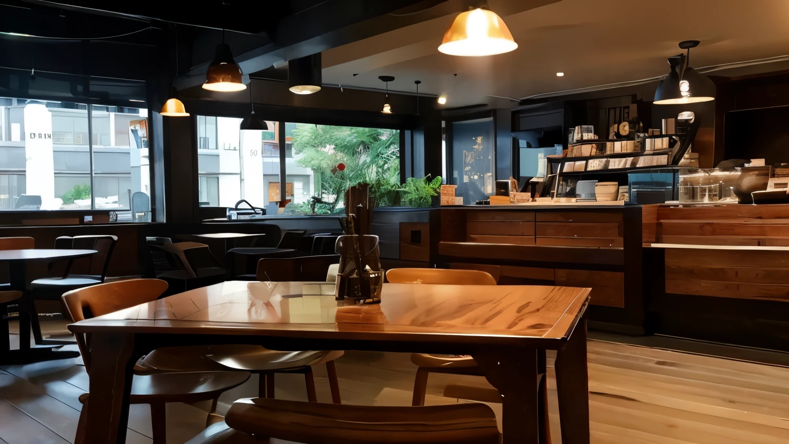 Inside the cafe、There is a coffee cup and a half-read book on the desk.、The proof is dim
