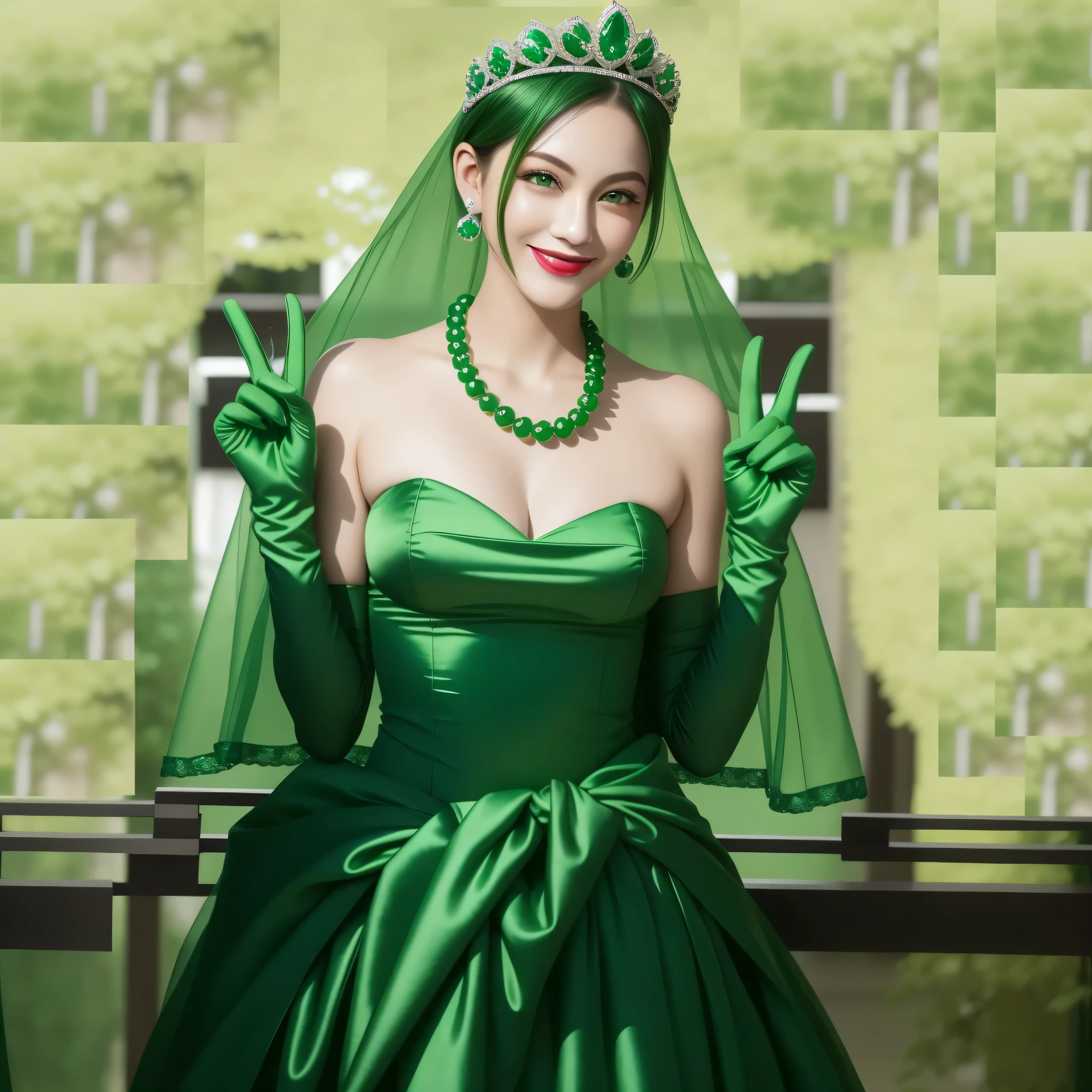 emerald tiara, green pearl necklace, Boyish green berry short hair, lipstick, Smiling Japan woman, very short hair, big breasts beautiful, green eyes, Green long gloves made of satin material, green eyes, V sign, emerald earrings, 30 generation women