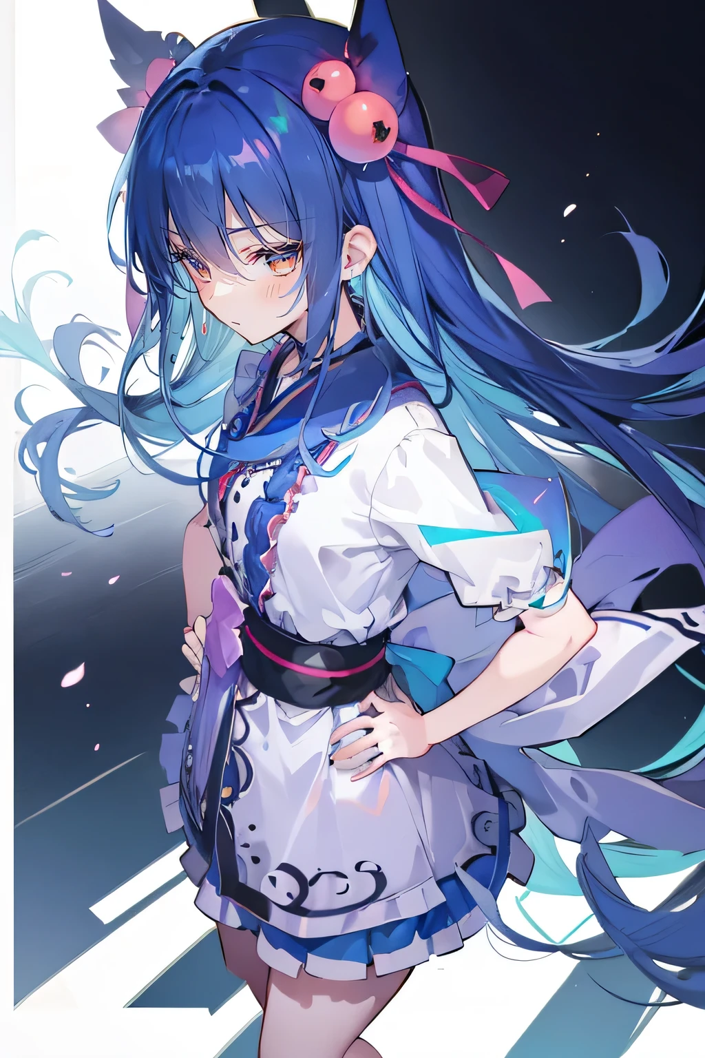 (masterpiece),best quality, expressive eyes, perfect face, 1girl,
 Put your hands on your waist,Fair, Gorgeous,japanese manga,girl,Laura,young angel, blue hair, blue haired, floating clothes,grab your waist, grab your waist, hands on hips , hands on hips,sit, sit on ground, legs on the ground, flat chest