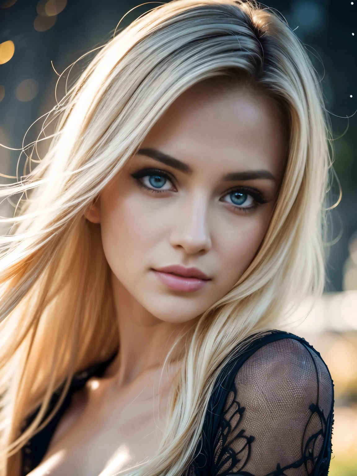 Full body shot, One ultra hot gorgeous european woman, age 23, blonde hair, she's a playmate, men magazine model, flirts with camera. with mesmerizing eyes, and a captivating smile. Spring Starry night in Montana. The woman wearing a glamorous outfit that adds a touch of elegance to the composition. The colors are vivid and vibrant, with a warm color palette that evokes a cozy spring atmosphere. The lighting soft and diffused, casting gentle shadows on the girl's face and highlighting the beauty of the surroundings. The overall image quality of the highest standard, with ultra-detailed rendering and sharp focus. It a masterpiece that captures the essence of springtime enchantment and beauty. Bokeh Perfect anatomy, Perfect eyes, perfect hands, perfect body, perfect hair, perfect breast, accurate, UHD, retina, masterpiece, anatomically correct, textured skin, super detail, high details, high quality, award winning, best quality, highres, 16k, 8k, backlight. cinematic, epic realism,8K, highly detailed, long shot technique, low angle photograph