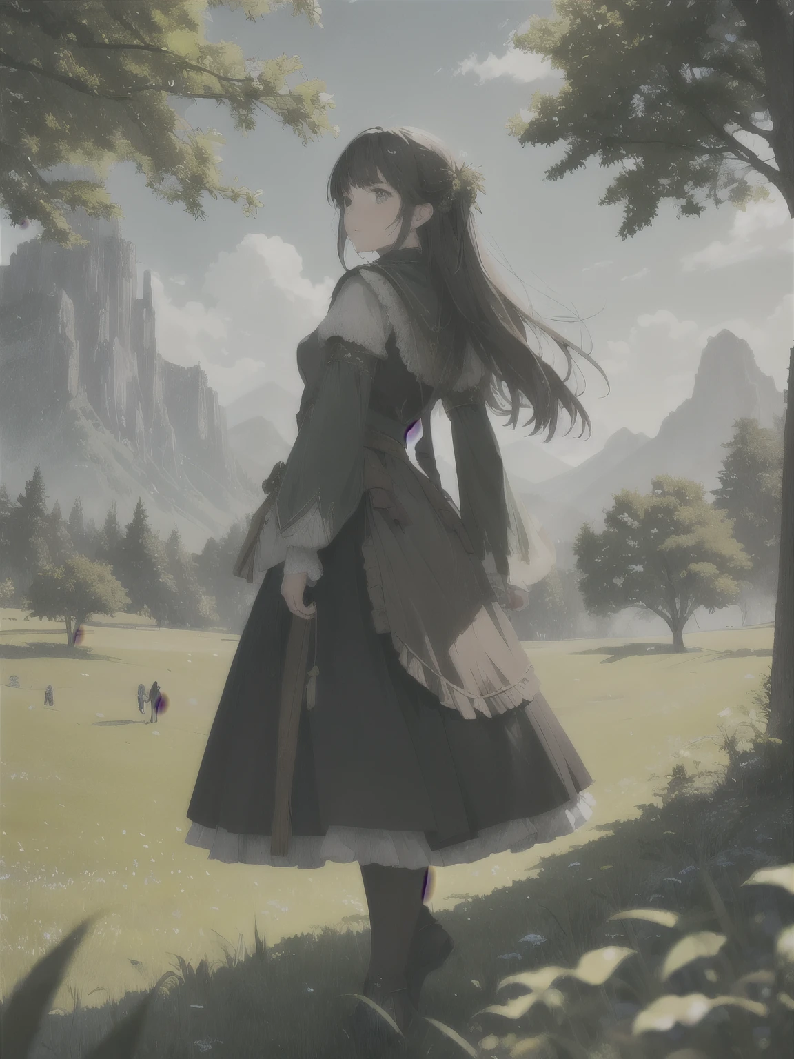 In a green meadow stands a girl leading a group of knights.
BREAK
With a brave expression, she guides them towards their destination.
BREAK
Behind her, a green forest stretches out and beyond that, mountains rise in the distance.
BREAK
The most suitable effect for this scene would be a watercolor painting technique to capture the softness of the meadow and the fluidity of the movement.