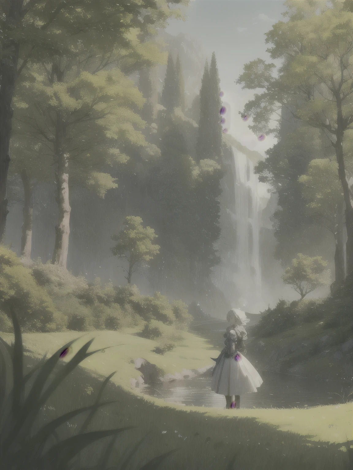 In a green meadow stands a girl leading a group of knights.
BREAK
With a brave expression, she guides them towards their destination.
BREAK
Behind her, a green forest stretches out and beyond that, mountains rise in the distance.
BREAK
The most suitable effect for this scene would be a watercolor painting technique to capture the softness of the meadow and the fluidity of the movement.