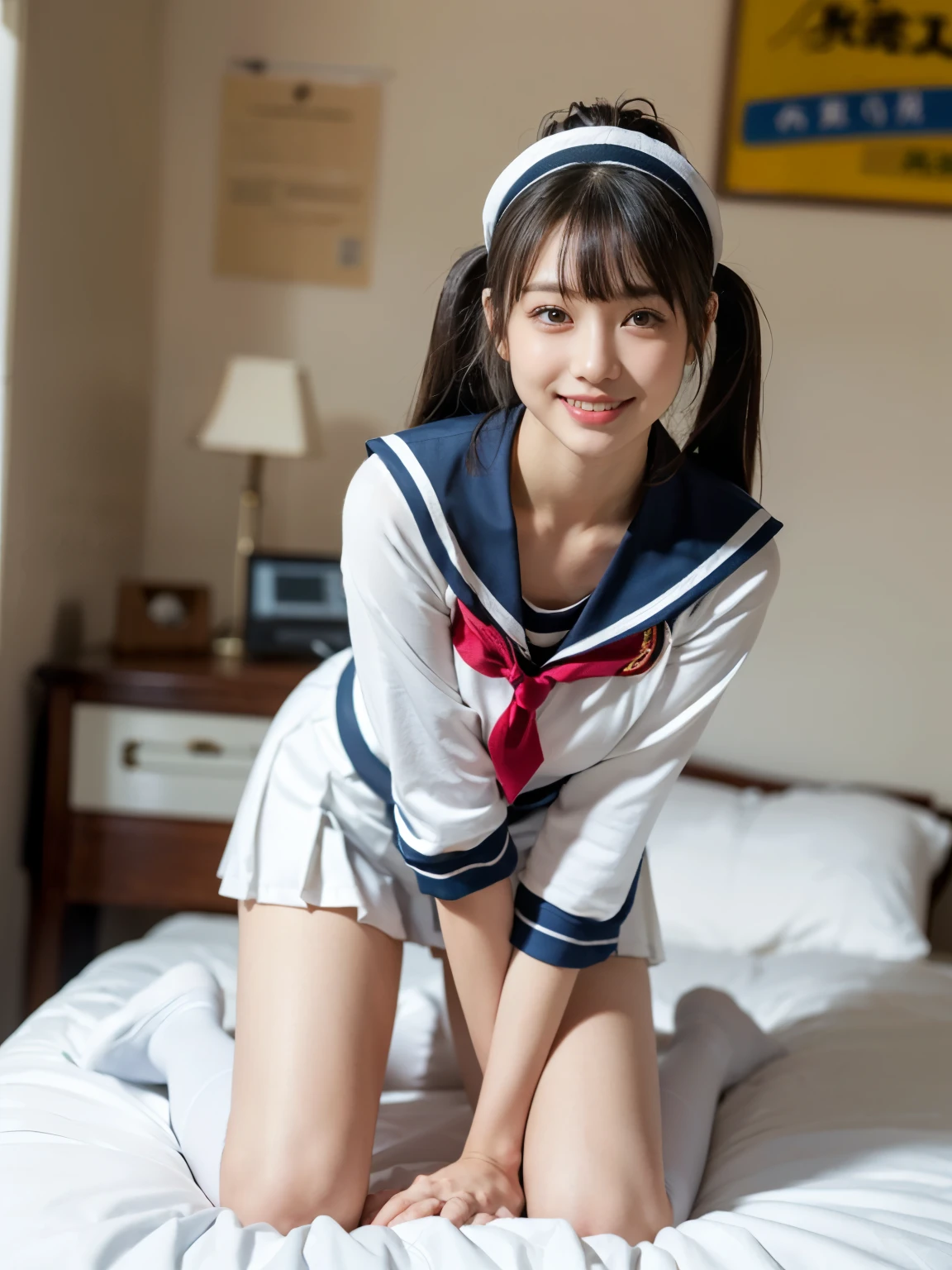 ((((highest quality))))、(((Ultra-precision CG16K wallpaper)))、(((masterpiece)))、(((Super detailed)))、(((super extreme details)))、1people's women、mature woman、24 year old woman、((Japanese face))、((very beautiful face))、((Rion Fukumuro:1.5))、((straight twin tail hair、blunt bangs))、(shiny brown hair)、beautiful delicate eyes、brown eyes、raised eyebrows、high nose、small nostrils、small mouth、seductive lips、beautiful breasts、((C cup size breasts))、cleavage、plump body、(Chubby body type)、perfect proportions、perfect anatomy、perfect composition、beautiful detailed shading、beautiful natural lighting、beautiful detail glow、Depth of the bounds written、(((High chroma)))、(((real:1.9)))、((vivid:1.5))、((edge:1.6))、((beautiful skin))、((skin texture))、((realな皮膚感))、(((full body shot:1.5)))、((Angle seen from the front:1.5))、((shy smile:1.5))、(Eyes looking at me:1.5)、Bright daylight、Natural light、((on the bed:1.2))、(((Get down on your knees and spread your legs apart、put your hands behind your head:1.5)))、(Cowgirl stretch pose:1.5)、(((high school girl uniform、Wearing white sailor suit:1.6)))、((knee socks、earrings、Wearing a hair band:1.3))、