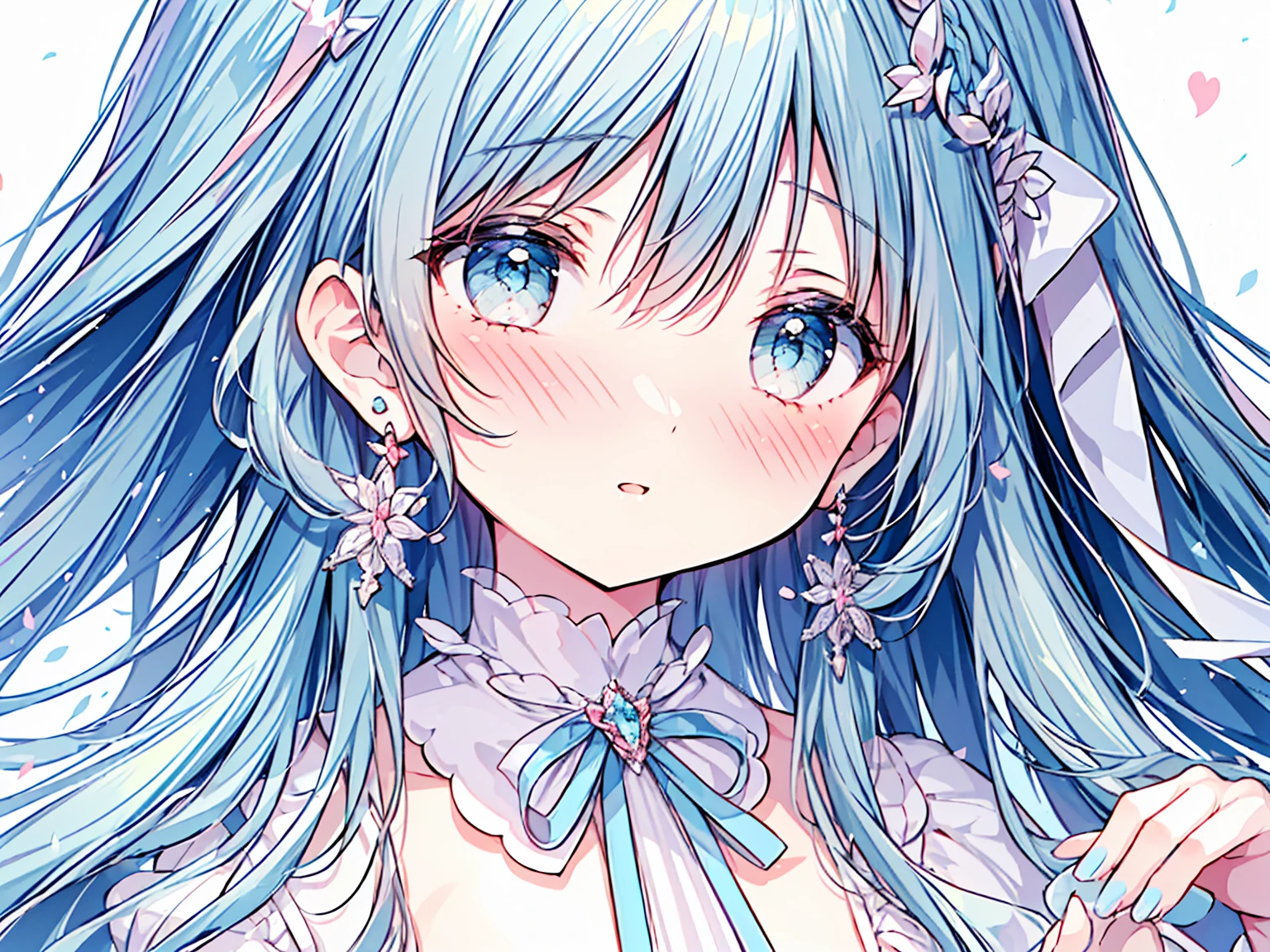 masterpiece, best quality, extremely detailed, (illustration, official art:1.1), 1 girl ,(((( light blue long hair)))), light blue hair, ,10 years old, long hair ((blush)) , cute face, big eyes, masterpiece, best quality,(((((a very delicate and beautiful girl))))),Amazing,beautiful detailed eyes,blunt bangs((((little delicate girl)))),tareme(true beautiful:1.2),,, affectionate smile, ,(tiny 1girl model:1.2) ((masterpiece, best quality, extremely detailed, absurdres)), 1girl, solo, jewelry, earrings,looking at viewer, bangs, parted lips, long hair, pink nails, bow, portrait, ribbon, nail polish, cross, crescent, neck ribbon
