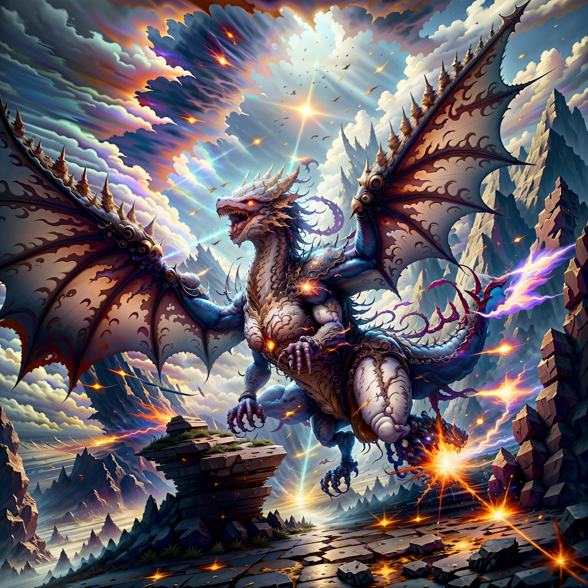 (highest quality,4k,8K,High resolution,masterpiece:1.4),Super detailed,(realistic photo style),ff14style,(1 crystal dragon:1.2),(very powerful laser beam from mouth:1.4),huge and majestic wings,powerful fangs,shining scales,(Flying majestically over the sky:1.2),(white background:1.3),(particle of sunbeams:1.3),dramatic lighting,(extreme closeup:1.3),focus head,shot from below