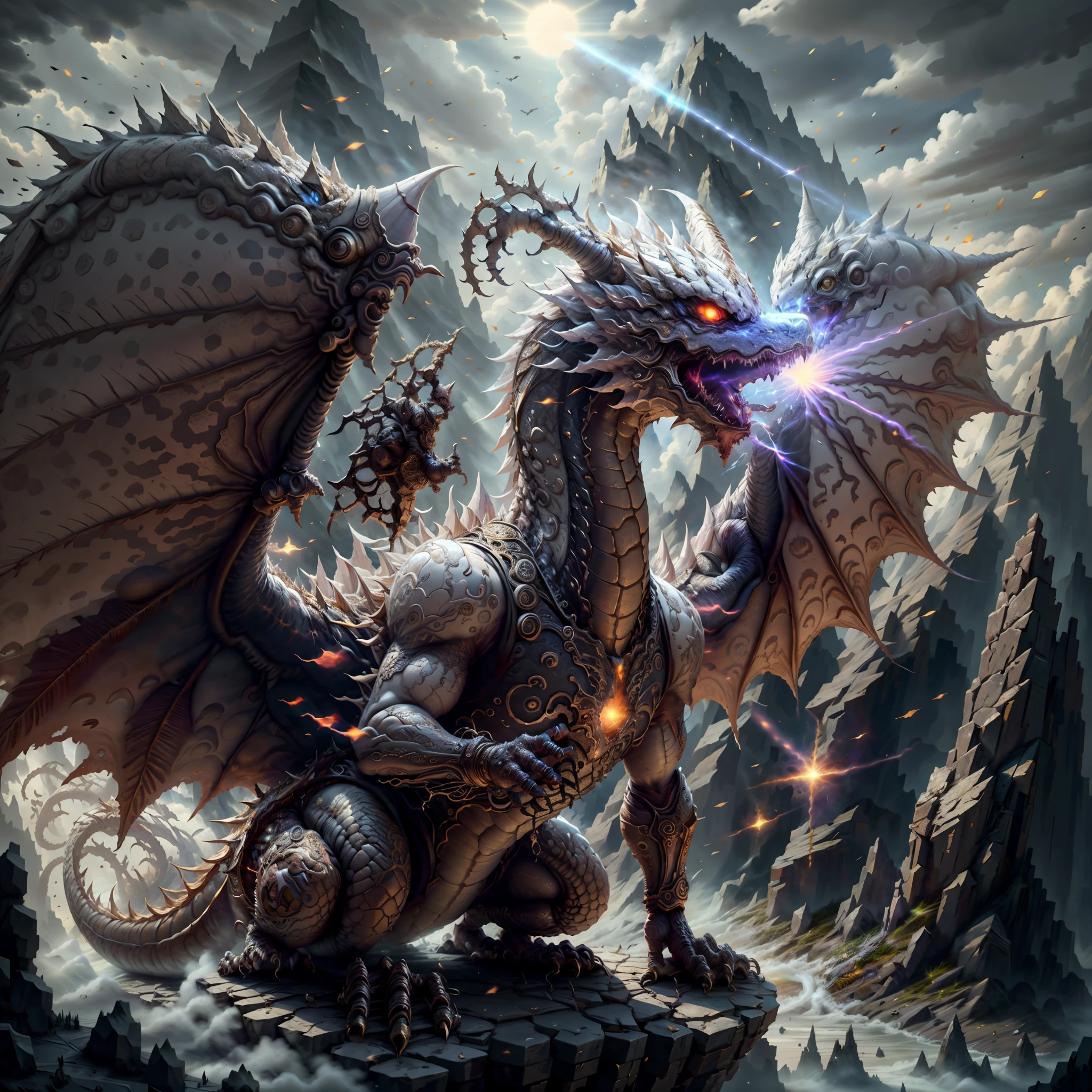 (highest quality,4k,8K,High resolution,masterpiece:1.4),Super detailed,(realistic photo style),ff14style,(crystal dragon:1.4),(very powerful laser beam from mouth:1.4),Overwhelming and mysterious presence,huge and majestic wings,powerful fangs,shining scales,(Flying majestically over the sky:1.2),(white background:1.3),(particle of sunbeams:1.3),Fantastic and otherworldly visual style,dramatic lighting,(extreme closeup:1.3),focus head