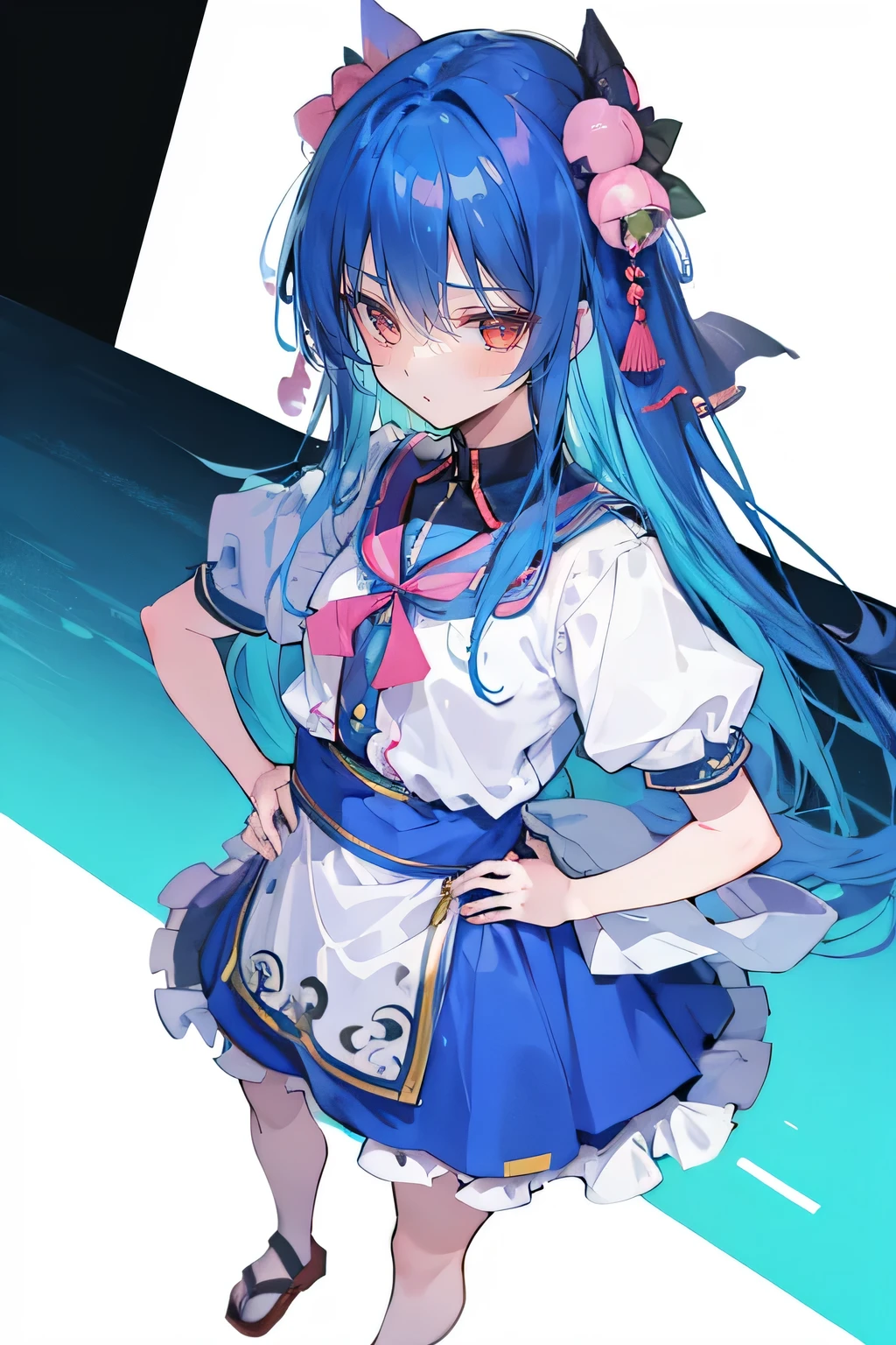 (masterpiece),best quality, expressive eyes, perfect face, 1girl,
Put your hands on your waist,Fair, Gorgeous,japanese manga,girl,Laura,young angel, blue hair, blue haired, floating clothes,grab your waist, grab your waist, hands on hips , hands on hips,sit, sit on ground, legs on the ground, flat chest