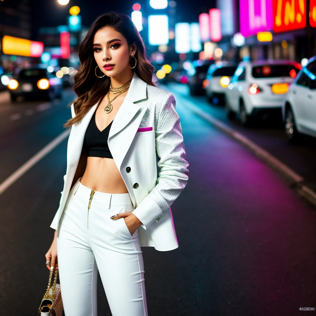 A woman radiates confidence and gracefulness on the bustling city street, clad in an ultra-detailed, cloud white outfit that exudes an elegantly modern and trendy styling. The supplier color of her attire boasts the best quality, with a resolution of 4k, toggling effortlessly between 4k and 8k for the most immersive and hyper-realistic experience.

The street fashion she dons showcases vivid colors and dynamic shadows that dance upon her body in captivating harmony with the city lights and glowing neon. She wears a stylish outfit, adorned with unique patterns and eye-catching accessories from high-end fashion brands that catap