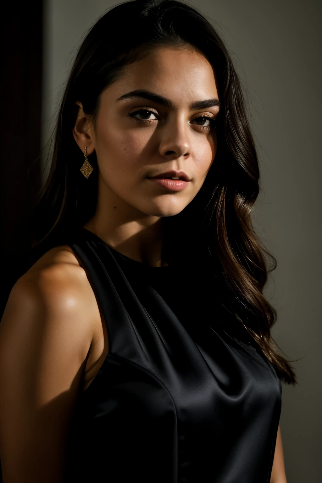 foto cruda, Face portrait photo of beautiful 26 years old..oh mujer, cara linda, vistiendo un vestido negro, cara feliz, sombras duras, cinematic shot, dramatic lighting