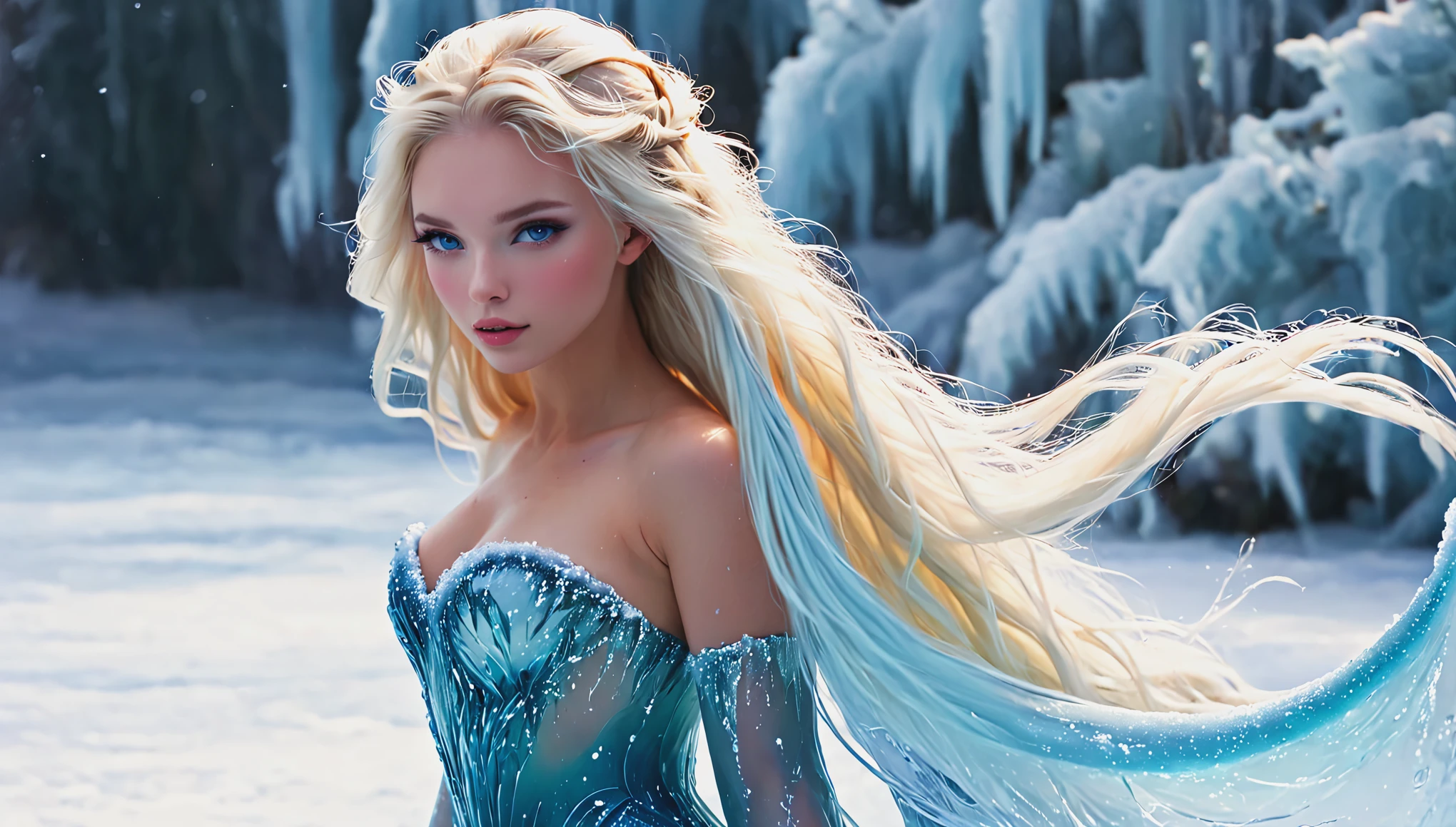 Blonde with long hair, full length ice nymph