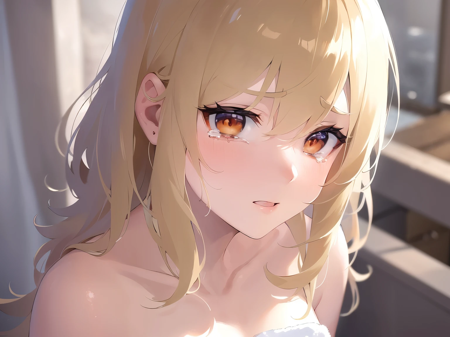 (naked towel:1.4),(white towel:1.2),(fluffy towel:1.7), nsfw,side view 1girl,naked towel, in bath dressing room,steam fog,sweat,wet,armpits, from above、Realistic, real person, (pale skin: 1.2), RAW photo, photorealistic, portrait photography, shiny skin, japanese idol、shiny hair、(25 year old woman with medium hair with blonde bangs) and (wavy hair) and (orange eyes) , (embarrassed:1.5),