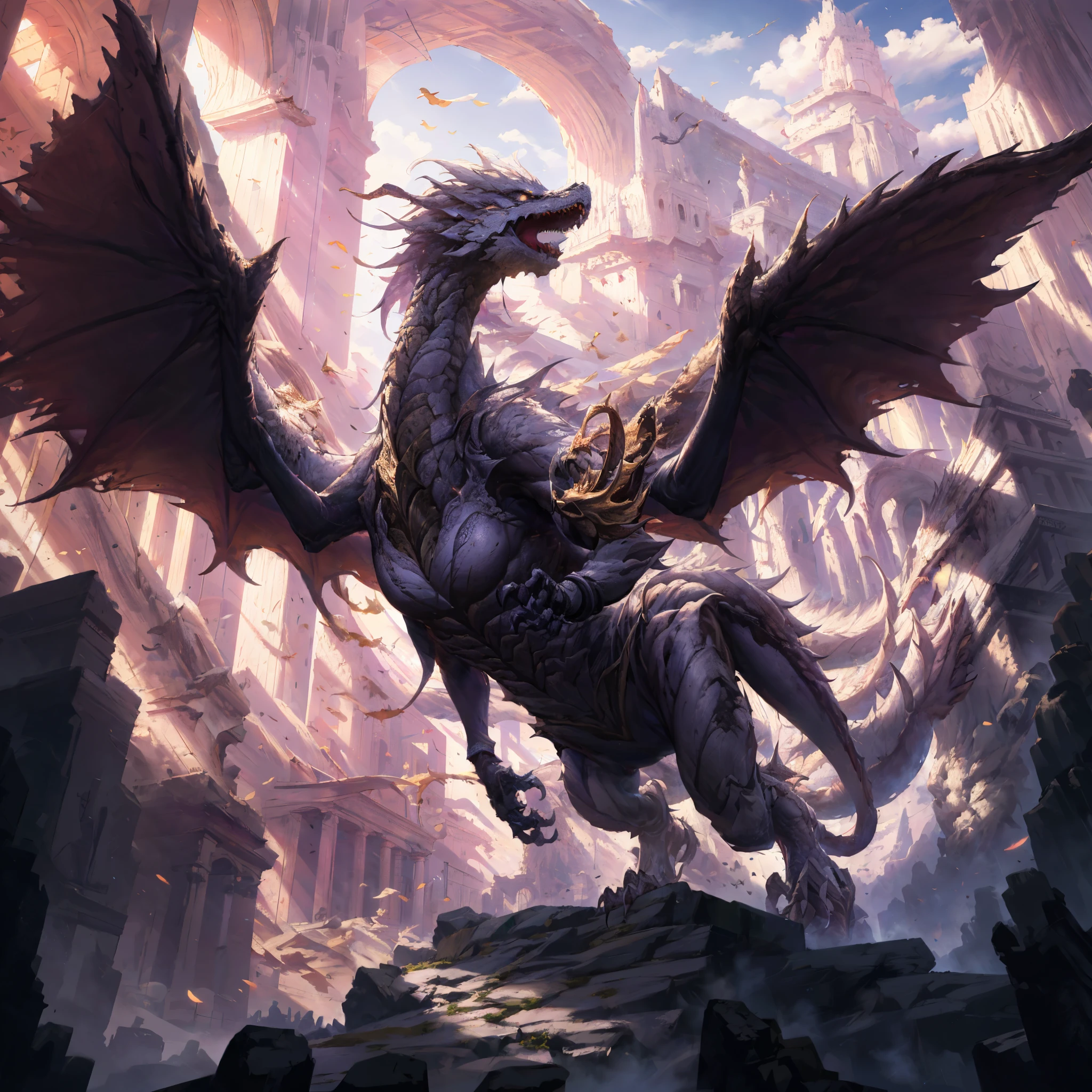 (highest quality,4k,8K,High resolution,masterpiece:1.4),Super detailed,(realistic photo style),ff14style,holy white dragon,Overwhelming and mysterious presence,huge and majestic wings,powerful fangs,Sharp Claws,shining scales,two pairs of strong legs,Fly majestically over the heaven,holy atmosphere,particle of sunbeams,sacred worldview,Mysterious and beautiful shining sky,Fantastic and otherworldly visual style,dramatic lighting