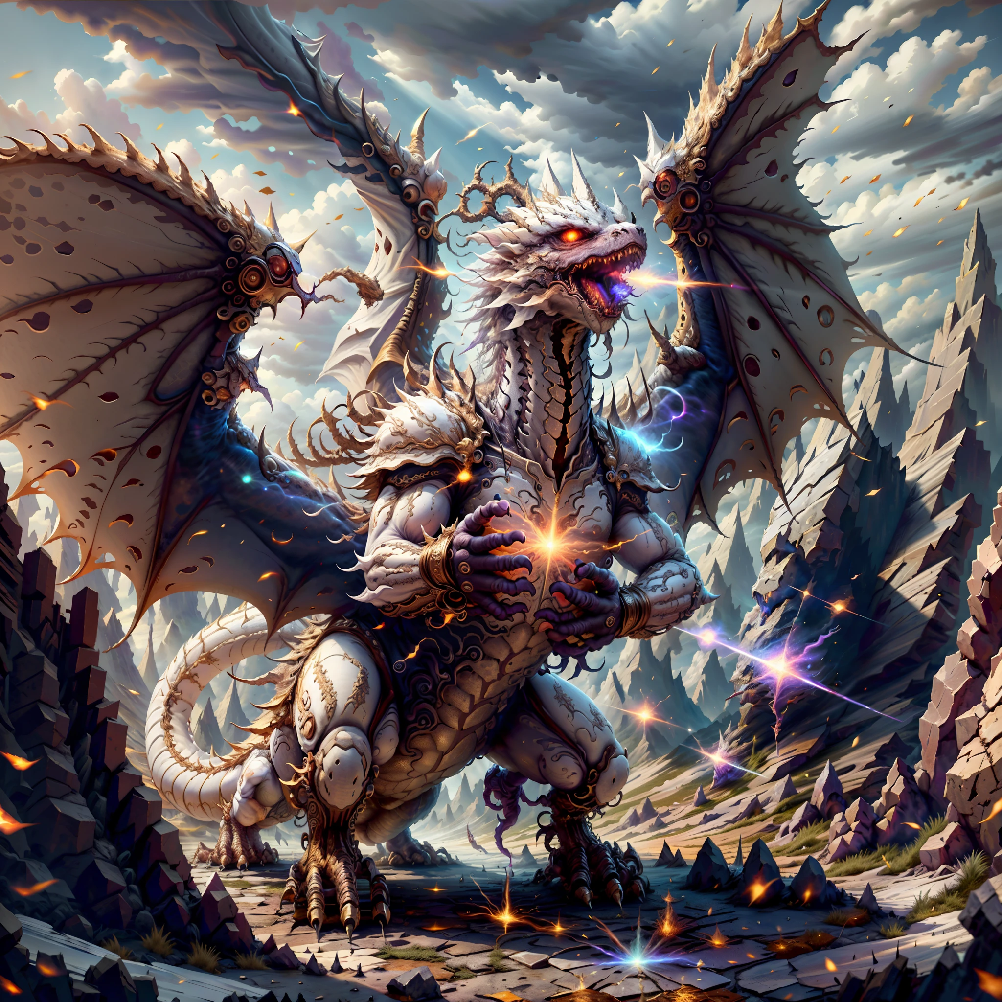(highest quality,4k,8K,High resolution,masterpiece:1.4),Super detailed,(realistic photo style),ff14style,(1 crystal dragon:1.2),(very powerful laser beam from mouth:1.4),Overwhelming and mysterious presence,huge and majestic wings,powerful fangs,shining scales,(Flying majestically over the sky:1.2),(white background:1.3),(particle of sunbeams:1.3),Fantastic and otherworldly visual style,dramatic lighting,(extreme closeup:1.3),focus head,shot from below